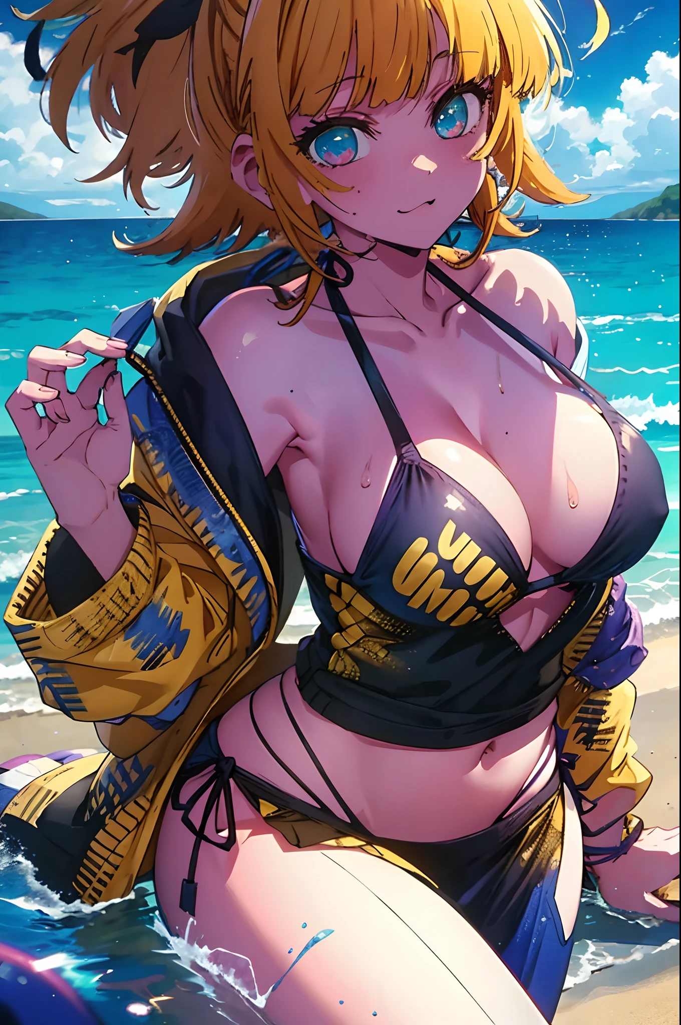 2d, masterpiece, best quality, anime, highly detailed, 1girl, solo, swimsuit , bangs,happy, multicolored hair, (masterpiece:1.2), highres, best quality, 8k, sea background,masterpiece, best quality, highres, bikini, bikini skirt,medium breasts,  ocean, wet, beach,yellow hair , blue eyes, close up,cowboy shot,