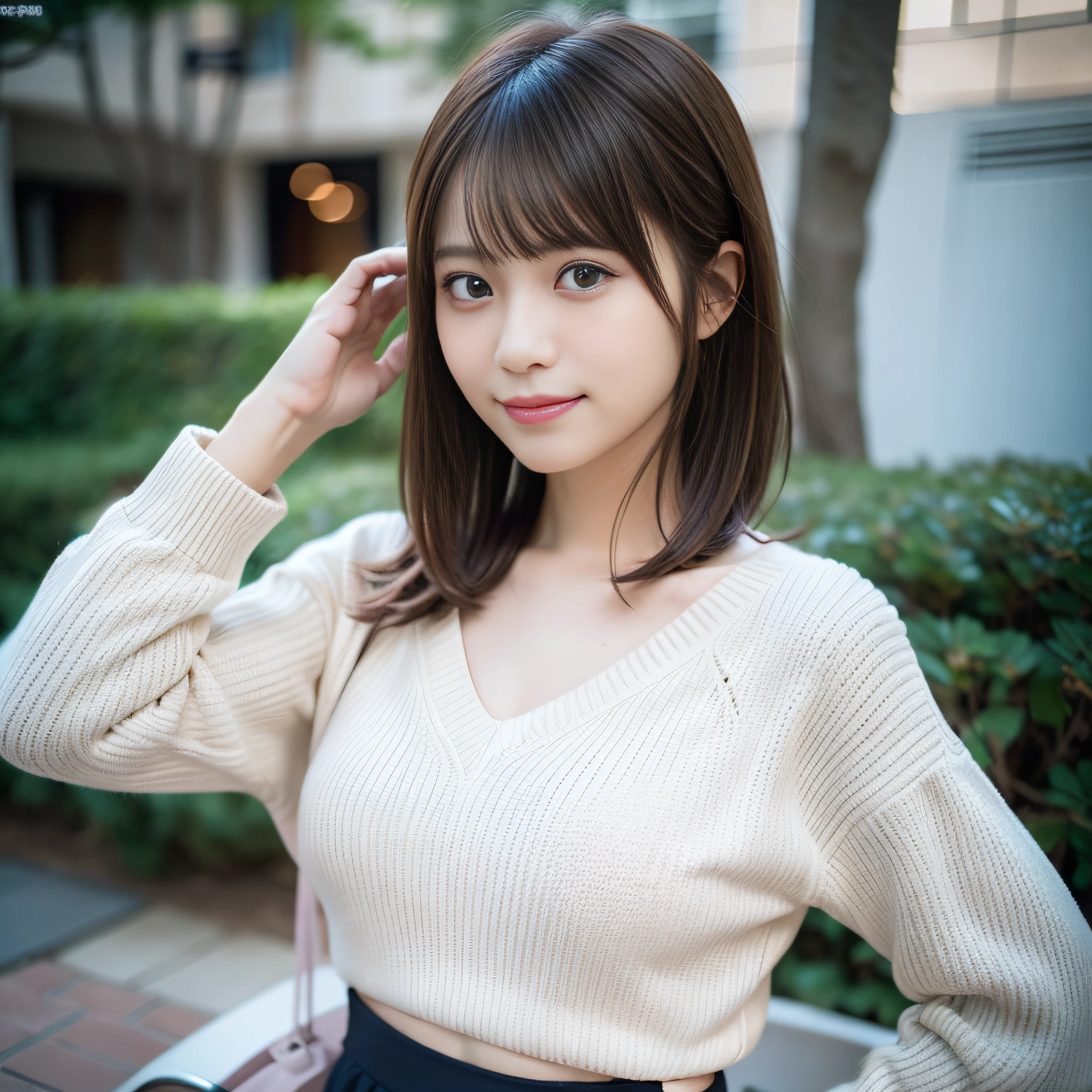in 8K,Best Quality:1.4, 超A high resolution:1.5, (Photorealistic:1.4),masterpiece:1.2,(top-quality:1.4)、 Raw photo、(the background is blurred), Park on the hill:1.4、lawn、FULL BODYSHOT:1.4、 1日本人の女の子, Cute, (Solo), (Shy smile), Smooth skin、(30-years old:1.2)、TThe shirt、to stand、Check miniskirt、Cute mini skirt、 (Brown medium hair,Bangs), (touch hair:1.4)、nogizaka、cute little、Supple fingertips,Beautiful black eyes、natural skin textures:1.3, realistic eyes and face details:1.7、middlebreasts、gazing at viewer、gravure