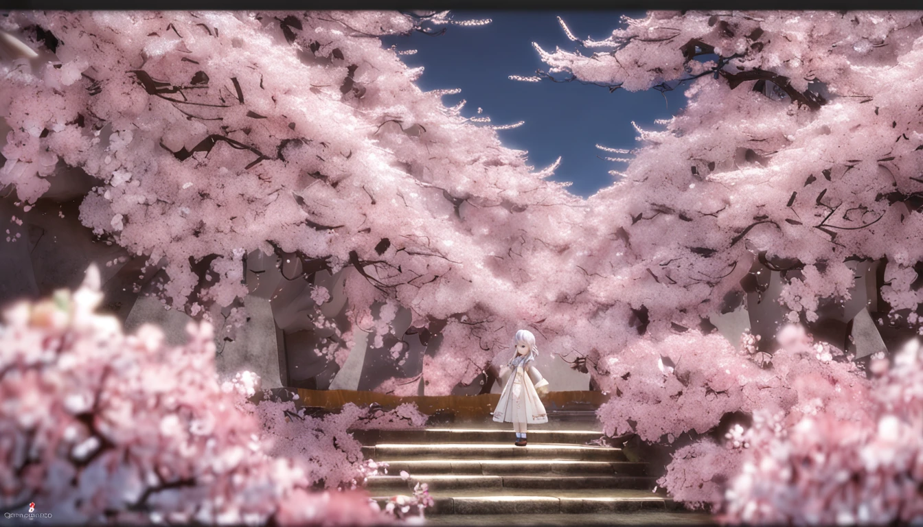 Doll standing in front of painting, angry face, Sengai, pixiv, Rococo, Dolfie Dream, watercolor Nendoroid, (high definition figure), flowing cherry colored silk, nendroid, highly_detailed!!, cherry blossom petals, flowing cherry blossom silk, season!!: 🌸 ☀ 🍂 ❄