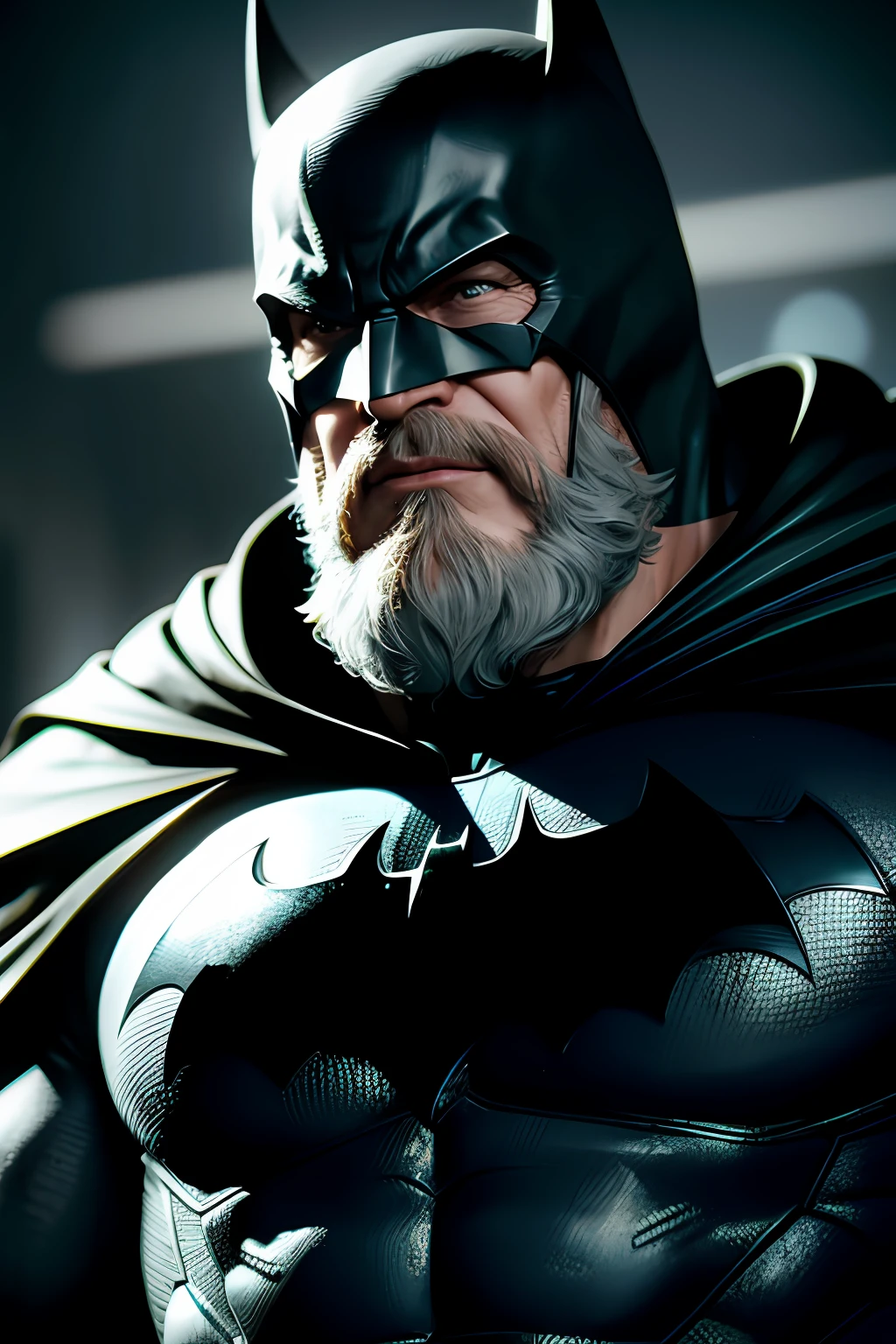 DC comics, Old man batman, realistically, dynamic lights, old, beard by making gray, full footage, (extremely detailed 8k wallpaper of CG unit), trend in ArtStation, trend in CGSociety, high detail, sharp focus, dramatic, photorealistic