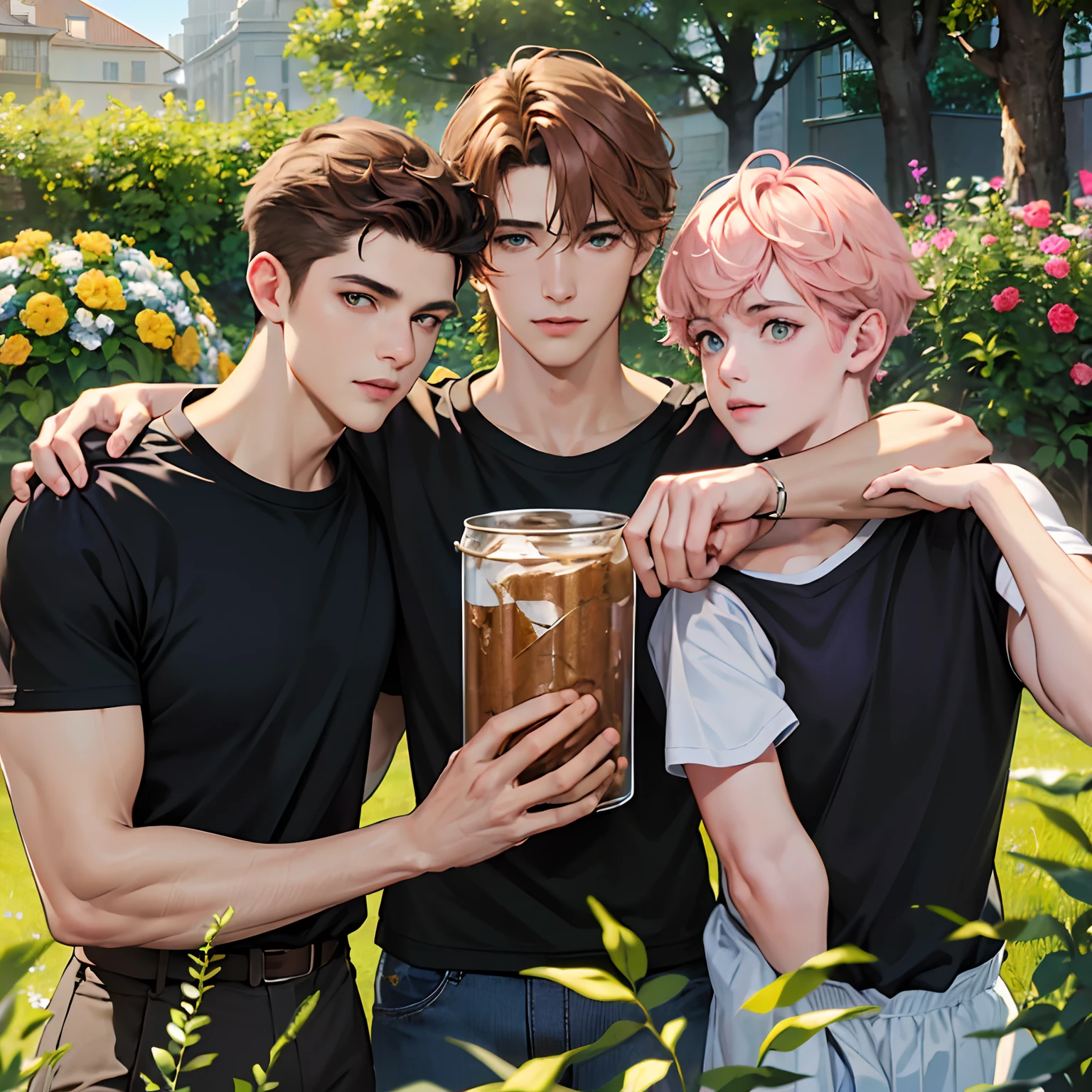 (absurdres, highres, ultra detailed, HDR), masterpiece, best quality, anime boy with brown hair ((Tall boy)), 1st boy brown hair, Anime boy with light pink hair! ((Tall boy)) , 2nd Boy pink hair, green eyes, 3rd boy blond hair ((Tall boy)) , 3 boys, smile, sunshine,  garden, handsome, short hair, villa, looking at viewer, detailed face, ( black shirt ),(Yellow Shirt) cool boys, cold male, 8K, Best Quality, Masterpiece, Ultra High Resolution, (Realism: 1.4), Original Photo, (Realistic Skin Texture: 1.3), (Film Grain: 1.3), (Selfie Angle), best friend,Friendship, Trio friends, tall boys, slim masculine.