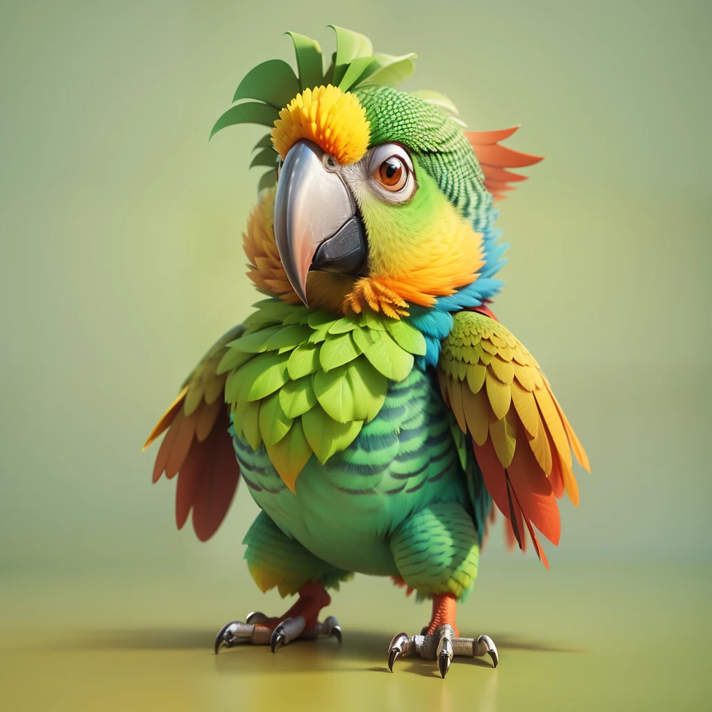 highly detailed 3D render of a cute parrot with Rambo costume, kids cartoon style, high detailed textures, soft smooth textures, jungle colors gradient in background.