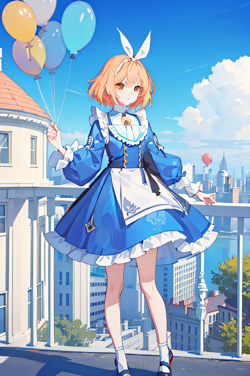 masterpiece, best quality, 1girl, solo, orange hair, short hair, shoulder-length hair, straight hair, orange eyes, round eyes,, (((alice in wonderland dress))), ((long sleeves)), knee-length dress, frills, (((white ribbon hair band))), On the roof of a building, leaning against the fence on the roof, overlooking the road, as close as it might fall in the noon, blue sky, clear sky, very many balloons, colorful balloons, full of balloons in the air, laughing, seeing a viewer