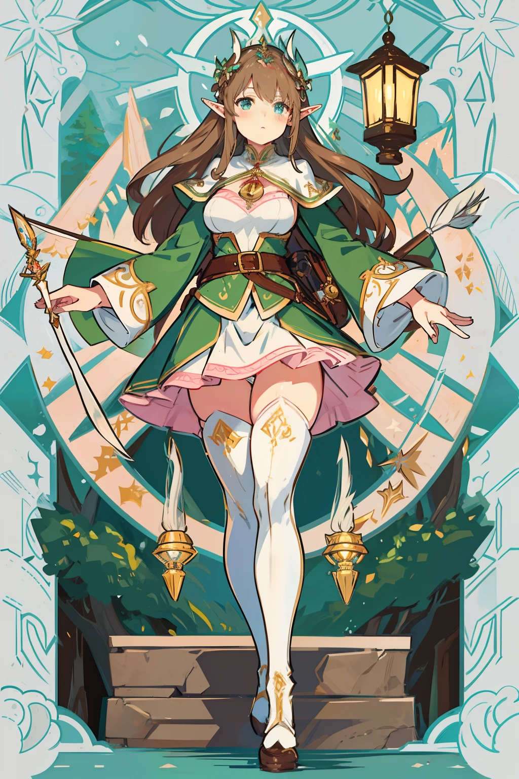 Create a detailed artwork, paying attention to detail, of a depicting a young elf woman standing forest.1 girl, forest, path, stone, lantern, elven race, full body, archer, weapon, bow, brown hair, long hair, hime cut, sky blue eyes, medium boobs, elf green outfit, pink mini skirt, tight white panties, crotch, spread legs, exposed, kirtle ups, pink thigh high stockings, thick thighs, pumps, shoe elf, The scene should evoke the beauty and mystery of the elven race.