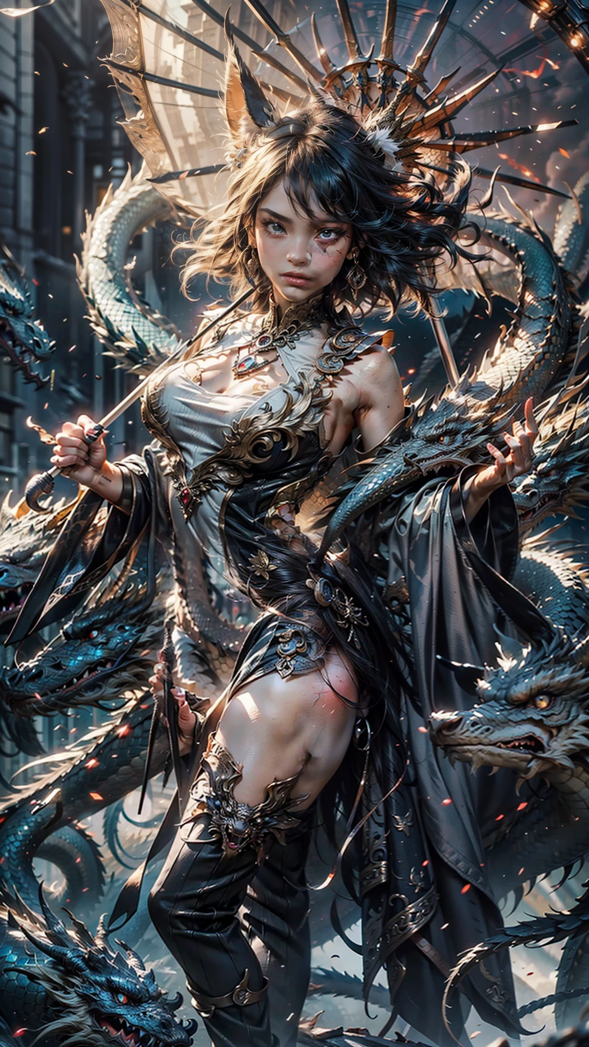 (maximum resolution: 1.2), (Ultra HDTV: 1.2), 8K resolution, Eye and skin detail, detailed facial features, , ( Sharp focus: 1.2), (Focus focus) exact) facial expression: 1.2), Girl standing, On dragons, Pajamas, (long hair), Black hair , Sky, Good luck, Dragons, Fox ears, (hand holding umbrella)