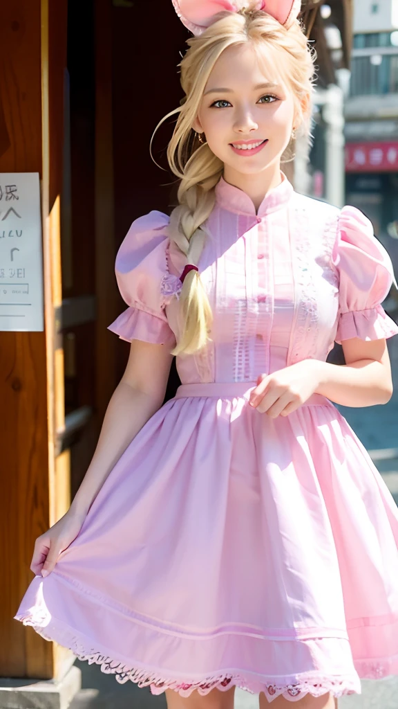 (ultra-detailliert), Cute princess dress in pink color,(frilly dress),(shortsleeves),Blue eyes,a closeup,Lovely smile,facing front, 20yr old, Girl in her 20s,no tail,(no tail),2D, masterpiece, top-quality, animesque, A detailed eye, A detailed face, girl with, Only 1 person,Blonde medium hair, (a blond), Ear Hair, small tits, Single braid, (Single braid), (Side braid), Pink ribbon, Ribbon around the neck, (Light blue sleeves), Standing in the hustle and bustle of China,