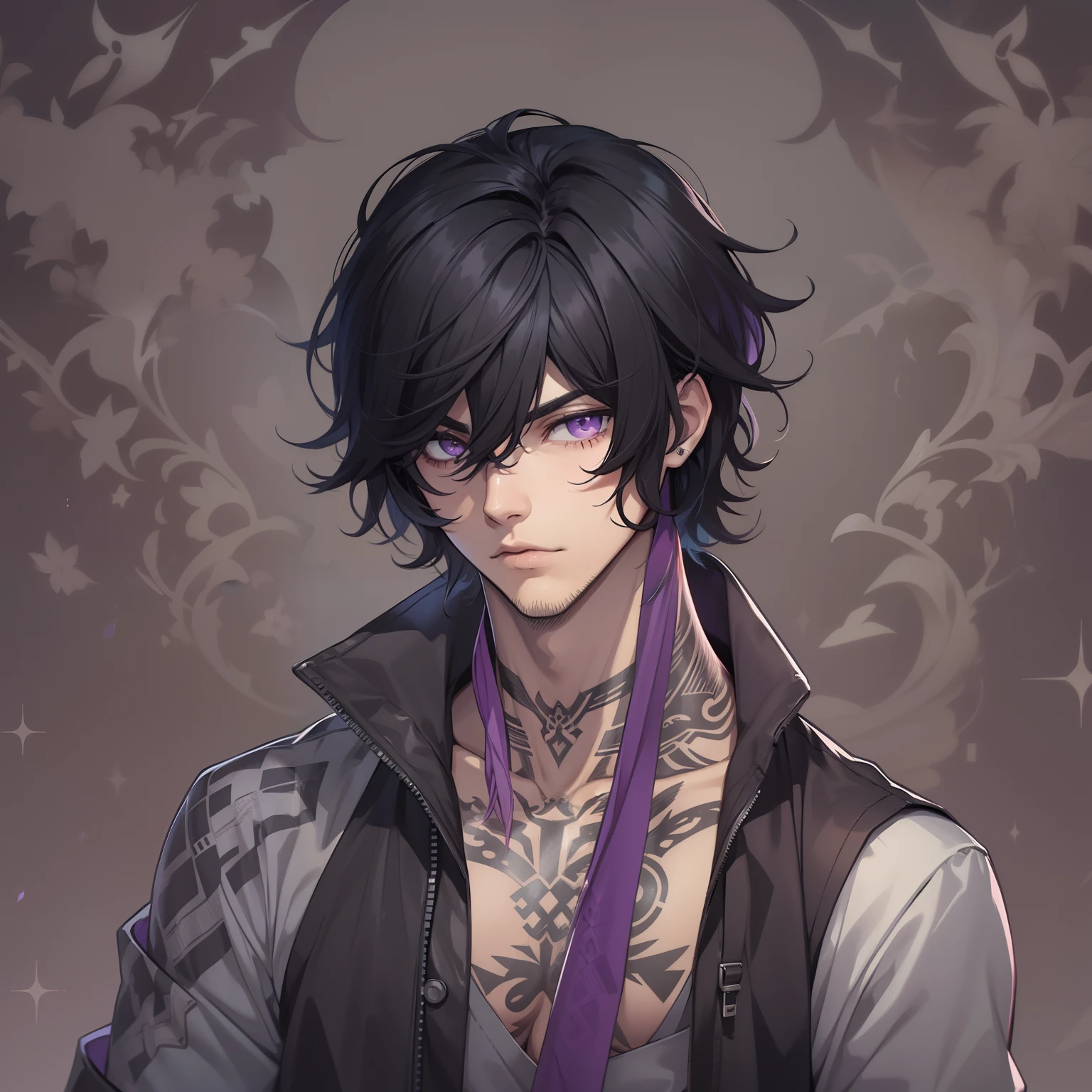 Man, medium black hair, young man, rebel, bangs, neck length hair, purple eyes, neck tattoos, handsome, anime