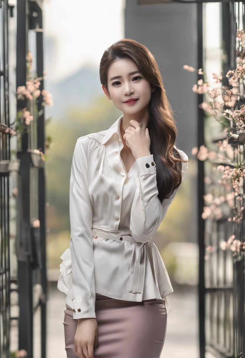 25 years old female, Soio, a secretary, stunningly beautiful, (top-quality、8K、32K、masterpiece、nffsw:1.3)、超A high resolution,(Photorealsitic:1.4),Raw photography, Detailed face,,Beautiful hair, White shirt,((Secretarial style)), thicc body, tight skirts、 Natural makeup, Breast cleavage, Inside the office, Detailed background, Perfect Lighting, depth of fields, Beautiful shadow gradient, ,