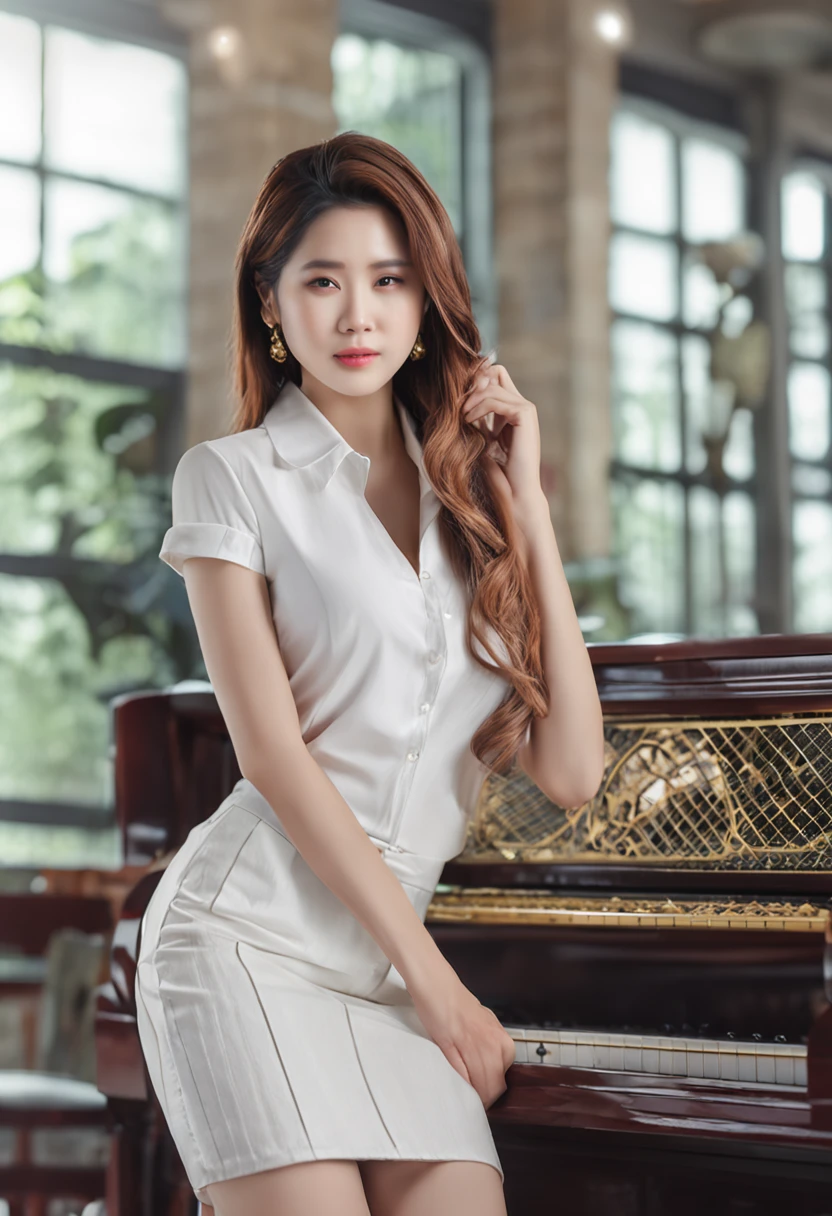 25 years old female, Soio, a secretary, stunningly beautiful, (top-quality、8K、32K、masterpiece、nffsw:1.3)、超A high resolution,(Photorealsitic:1.4),Raw photography, Detailed face,,Beautiful hair, White shirt,((Secretarial style)), thicc body, tight skirts、 Natural makeup, Breast cleavage, Inside the office, Detailed background, Perfect Lighting, depth of fields, Beautiful shadow gradient, ,