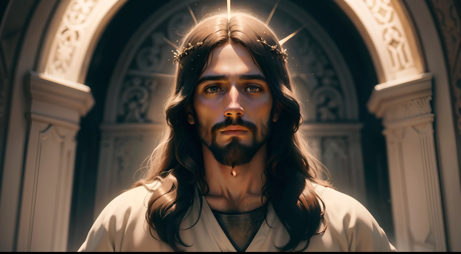 Por favor, create an image of Jesus Christ in high definition. Portray it with realistic strokes and careful detail, mostrando Sua face compassiva e serena. Be sure to capture His spiritual essence and the sense of peace He conveys. Use Soft Colors and Proper Lighting to Highlight His Divinity. The final image should be of high resolution and quality, showing the beauty and transcendence of Jesus Christ."