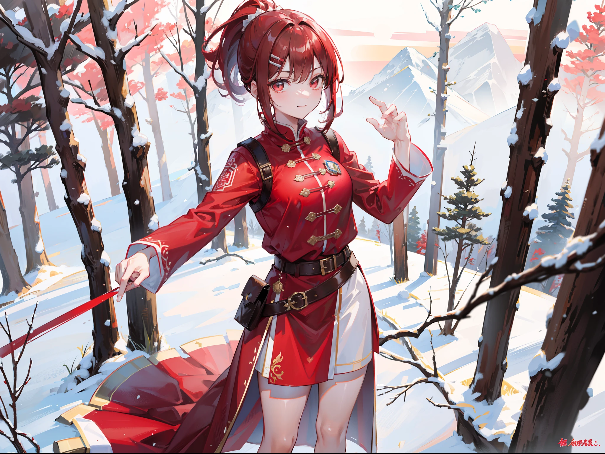 Brunette beauty。High ponytail，red hair clips，short detailed hair，Extremely tall，Wear red and white antique practice clothes，Brown belt，Brown boots，Red spear in hand，Stand in a frozen wonderland of mountains and forests，A bright smile，red pupils，Bare legged，Best quality at best，tmasterpiece，China-style，being thin，Full body photo，High- sharpness，assassins
