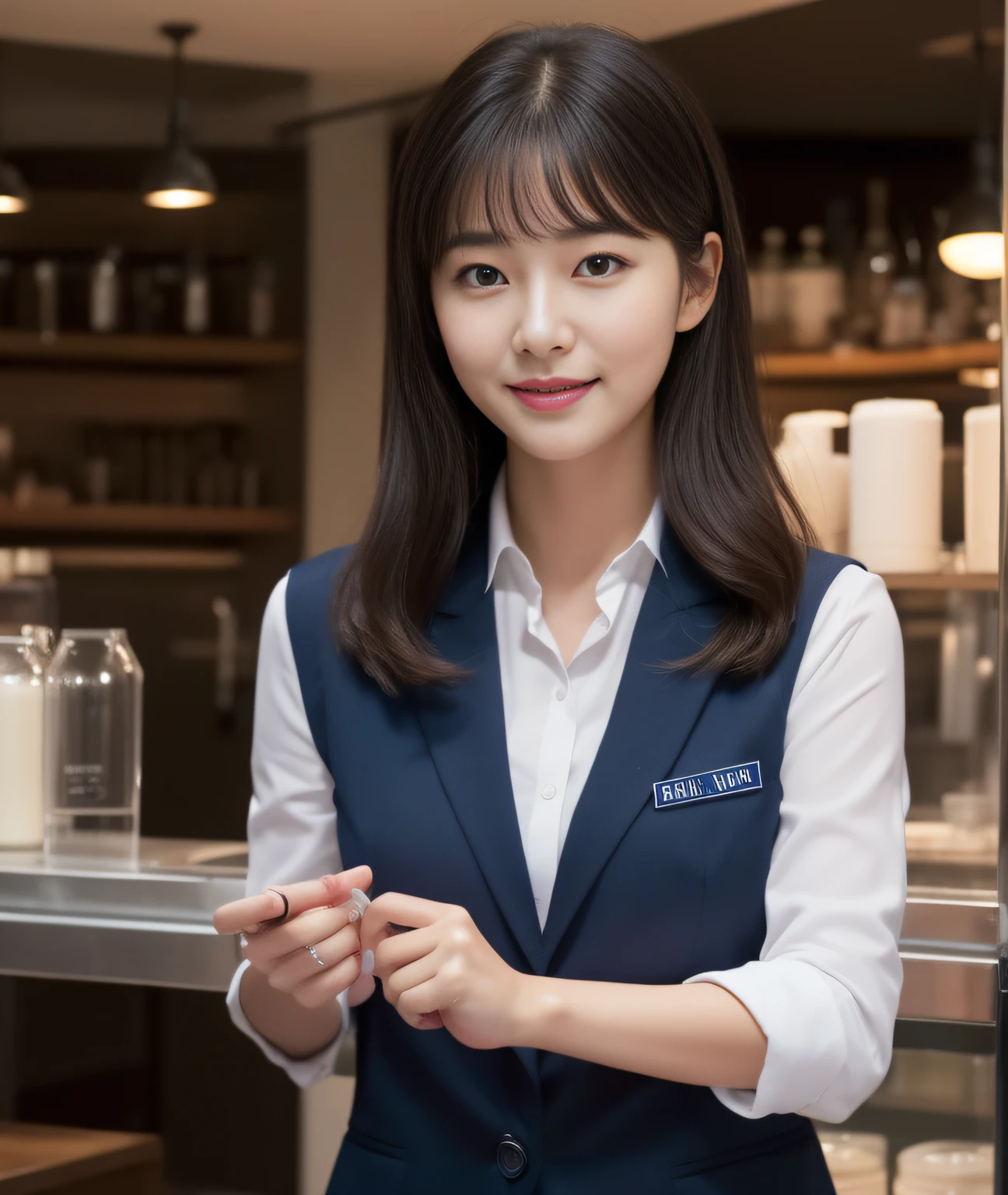 ((Best Quality, 8K, Masterpiece: 1.3)), a beauti, In addition, melon face, Friendly and cute, sweet smile, Pure desire, Slender body, (s whole body), (tilted head), ((looking at camera)), Medium Black Silky Straight Hair, Long flowing shoulders, round black big eyes, clear big eyes, moist red lips, Cafe shop background, ((full body shooting)), (dark blue blazer, bows, Sock, a police uniform ), (Middle breast)