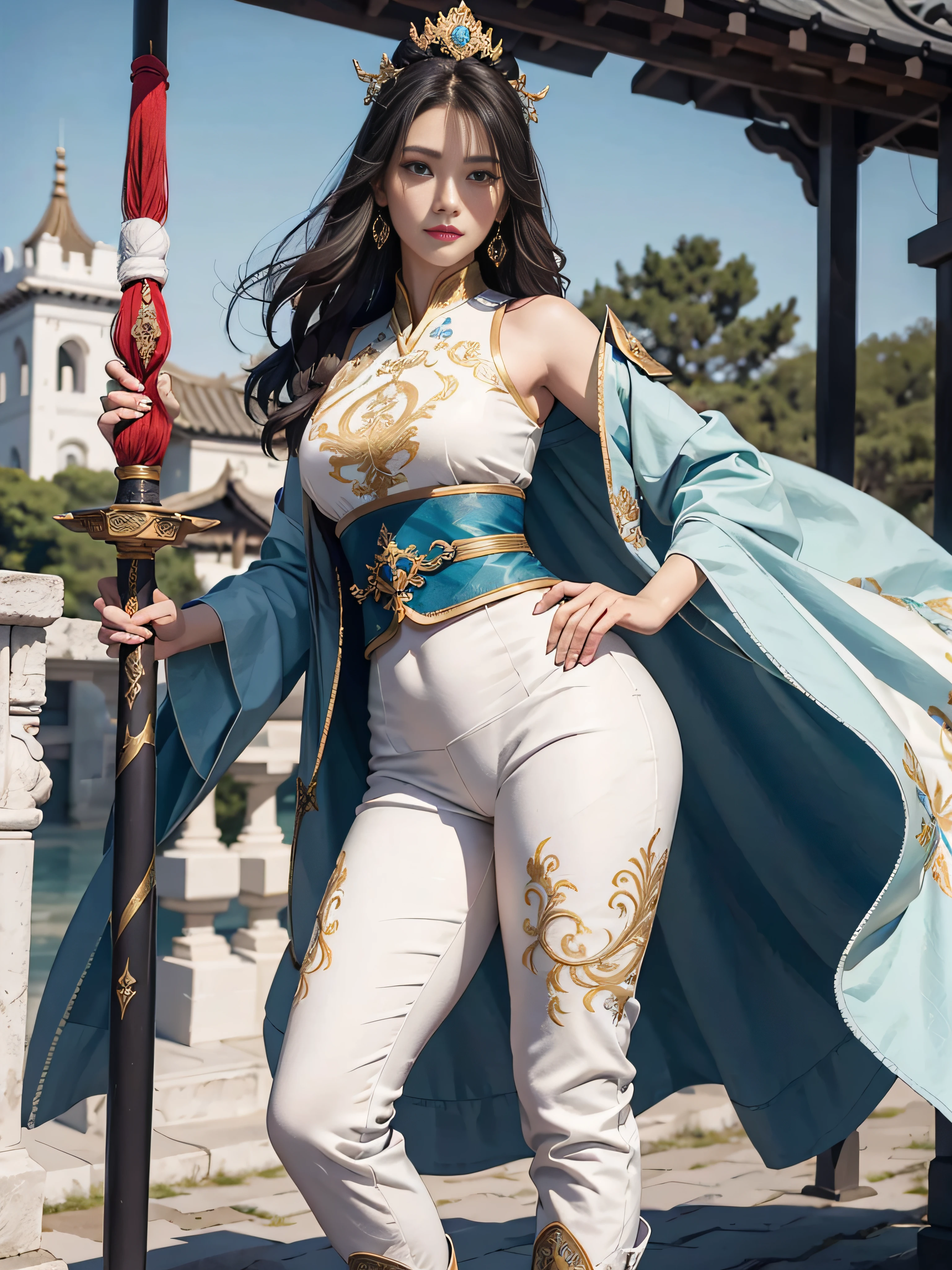 tmasterpiece,A high resolution,Absolutely beautiful,a mature female,Fine and detailed eyes and detailed face,Royal sister,swordsmen,Oriental women,gallant woman,Cold sass,Tall and tall, cruel grin,ancient wind,Hanfu,The whole body is dressed in pure white,Wear long pants,Wear boots,Pattern of cranes on the chest,embroidery, natural poses,standing on your feet, allure:(Tall:1.4),Wide buttock(big assa:1.4),(Thick thighs:1.4),Majesty,Rich scene detail,are standing,actionpose,