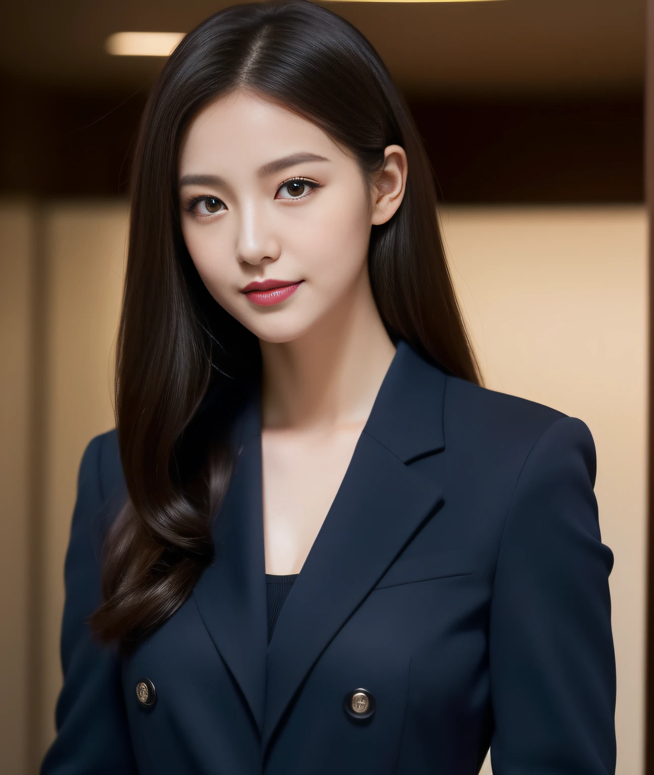 ((Best Quality, 8K, Masterpiece: 1.3)), a beauti, In addition, melon face, Friendly and cute, sweet smile, Pure desire, Slender body, (s whole body), (tilted head), ((looking at camera)), Medium Black Silky Straight Hair, Long flowing shoulders, round black big eyes, clear big eyes, moist red lips, Cafe shop background, ((full body shooting)), (dark blue blazer, bows, Sock, a police uniform ), (Middle breast)