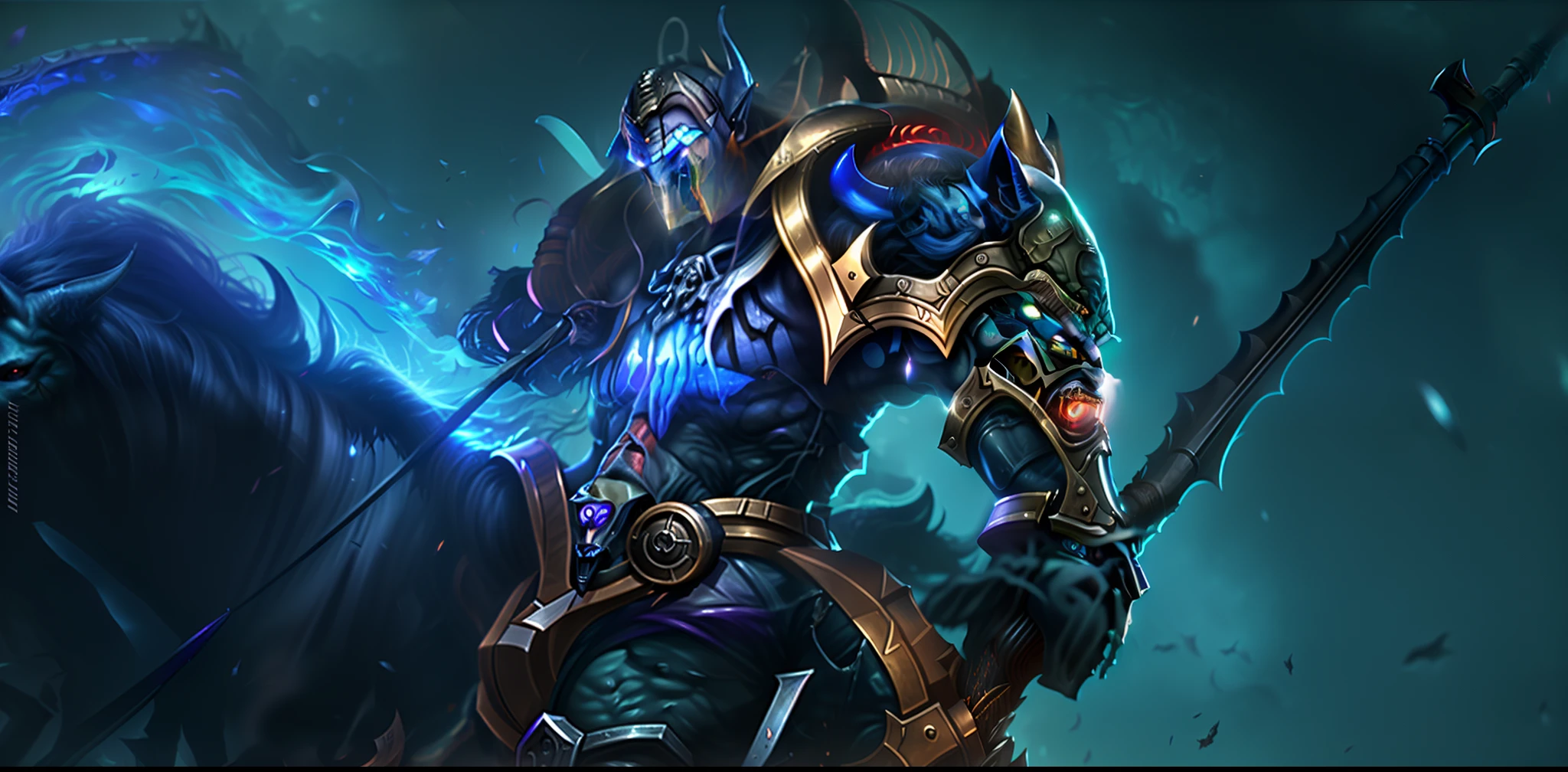 um close up de uma pessoa em um cavalo com uma espada, heroes of the storm splash art, Warwick Santo, Arte Splash, Splash Art Oficial, 8 K HD WallpaperArtefato jpeg, 8k hd wallpaperjpeg artefato, nasus, cavaleiro da morte, League of Legends arte splash, Raziel IRL, Jayce Arcano, cavaleiro da morte