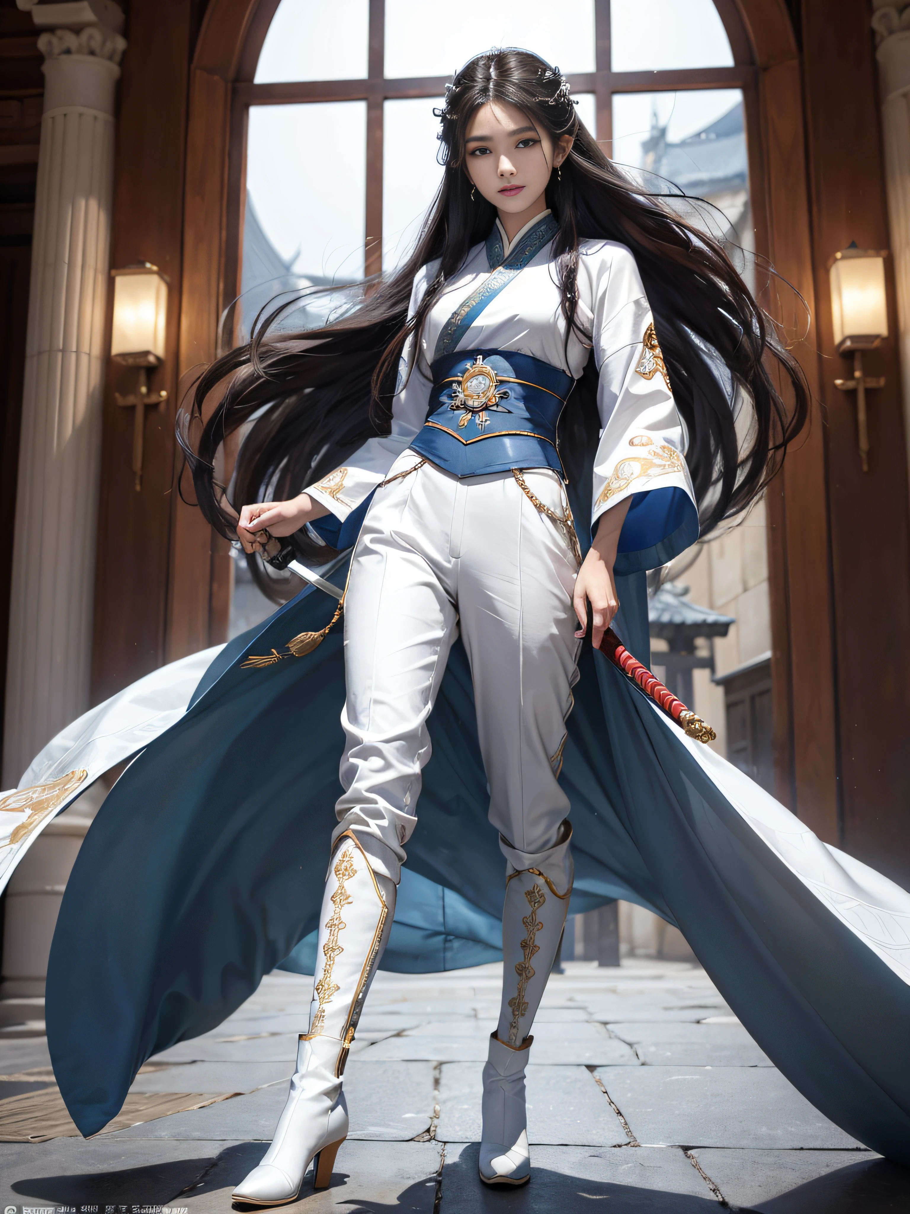 tmasterpiece，A high resolution,Absolutely beautiful，a mature female，Fine and detailed eyes and detailed face，Royal sister，swordsmen，Oriental women，gallant woman，Cold sass，Tall and tall， cruel grin，ancient wind，Hanfu,The whole body is dressed in pure white，Wear long pants，Wear boots，Pattern of cranes on the chest，embroidery, natural poses,standing on your feet， allure：（Tall：1.4），Wide buttock（big assa：1.4），（Thick thighs：1.4），Majesty，Rich scene detail，are standing，actionpose,