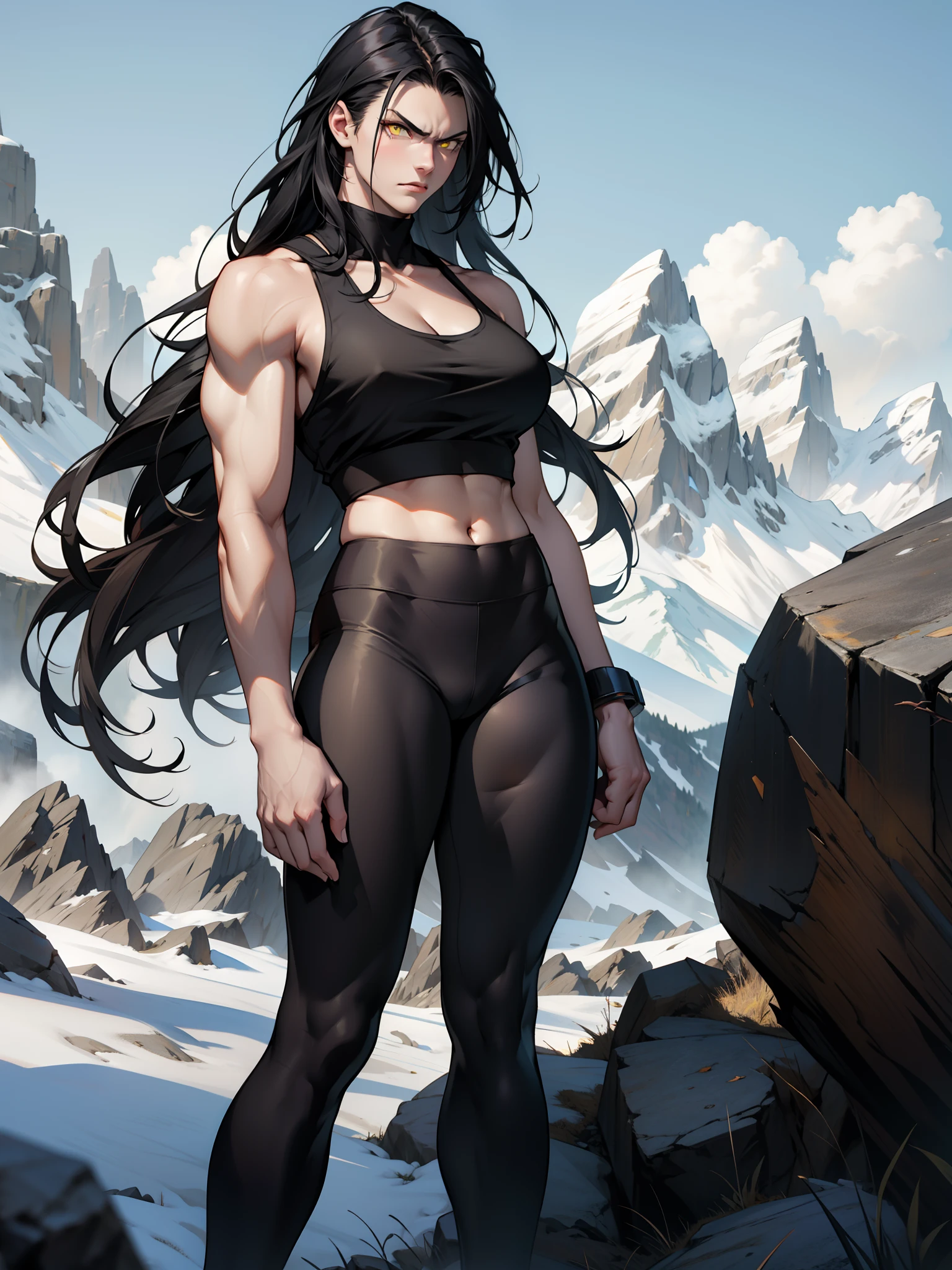 black hair, extremely long hair, yellow eyes, pale skin, muscular, large breasts, thick thighs, angry, leggings, tank top, mountain range background