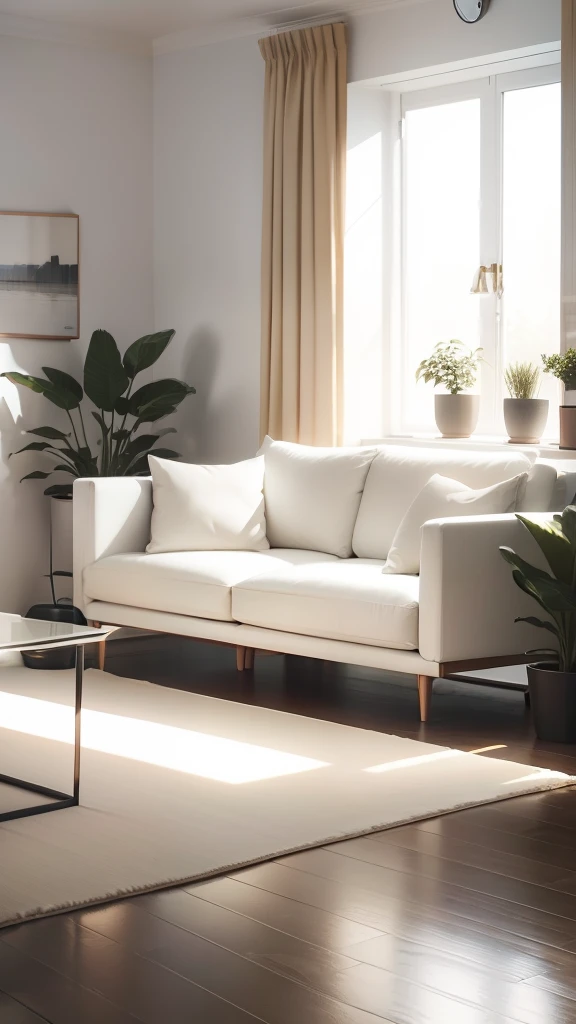 masterpiece, Interior design，livingroom，European minimalist style，Minimalist，nordic， Light-colored furniture，white sofa, cream colored sofas, Multi-angle display，a 3D render、cozy indoor lighting、8K，terrazzo，janelas，Simple wall lamp, Concise wind, broad, 4k render, high detail, carpet, area rug, house plants, ultra sharp, high quality