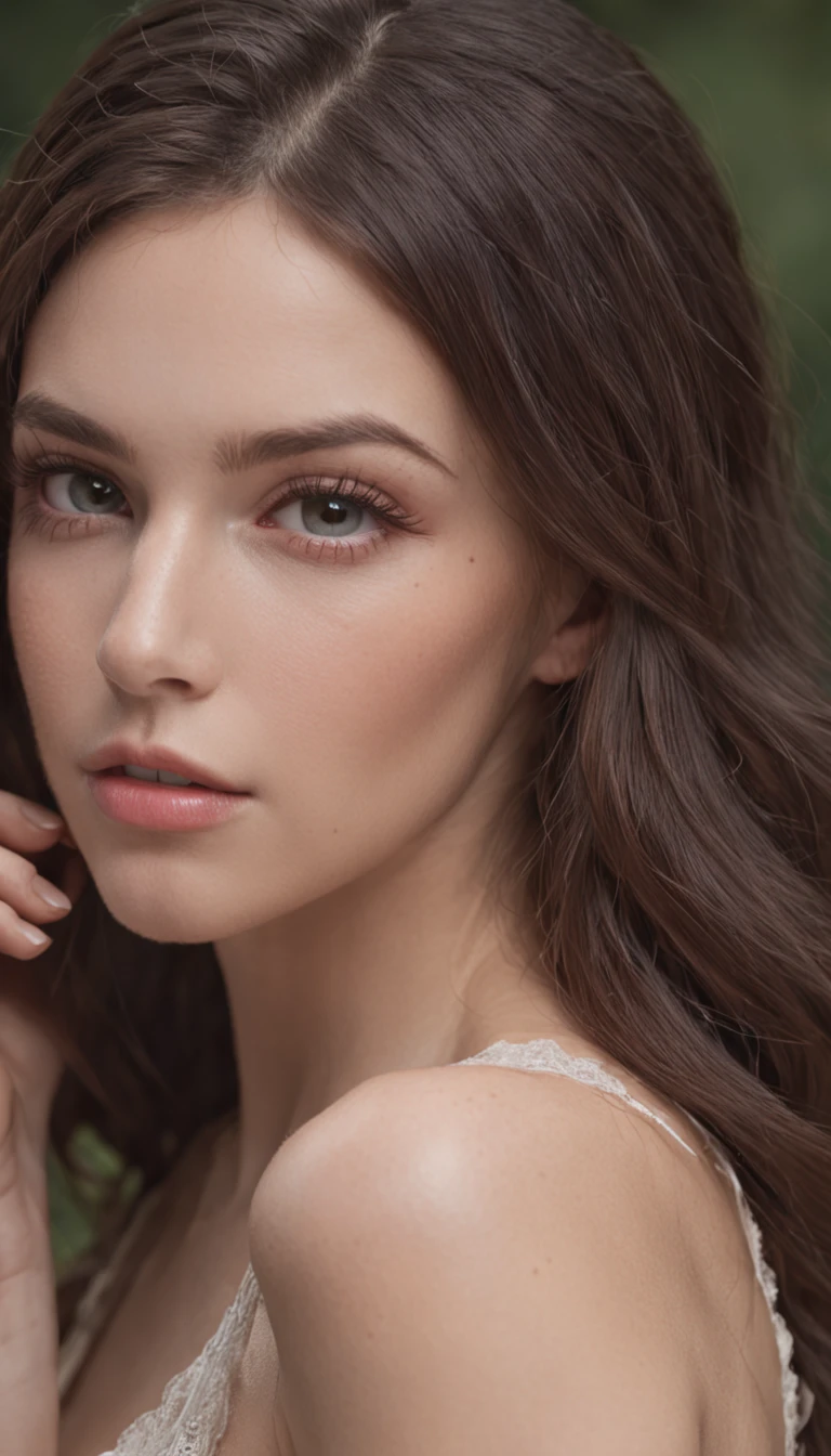 best qualityer, photograph of-realistic, 4K, Beautiful brunette girl, NSFW, greene eyes, full bodyesbian, Lingerie, Perfect and Beautiful Face, smallunderboob, with fair skin,::n_Did, mutations, Ugly hands, Texting,