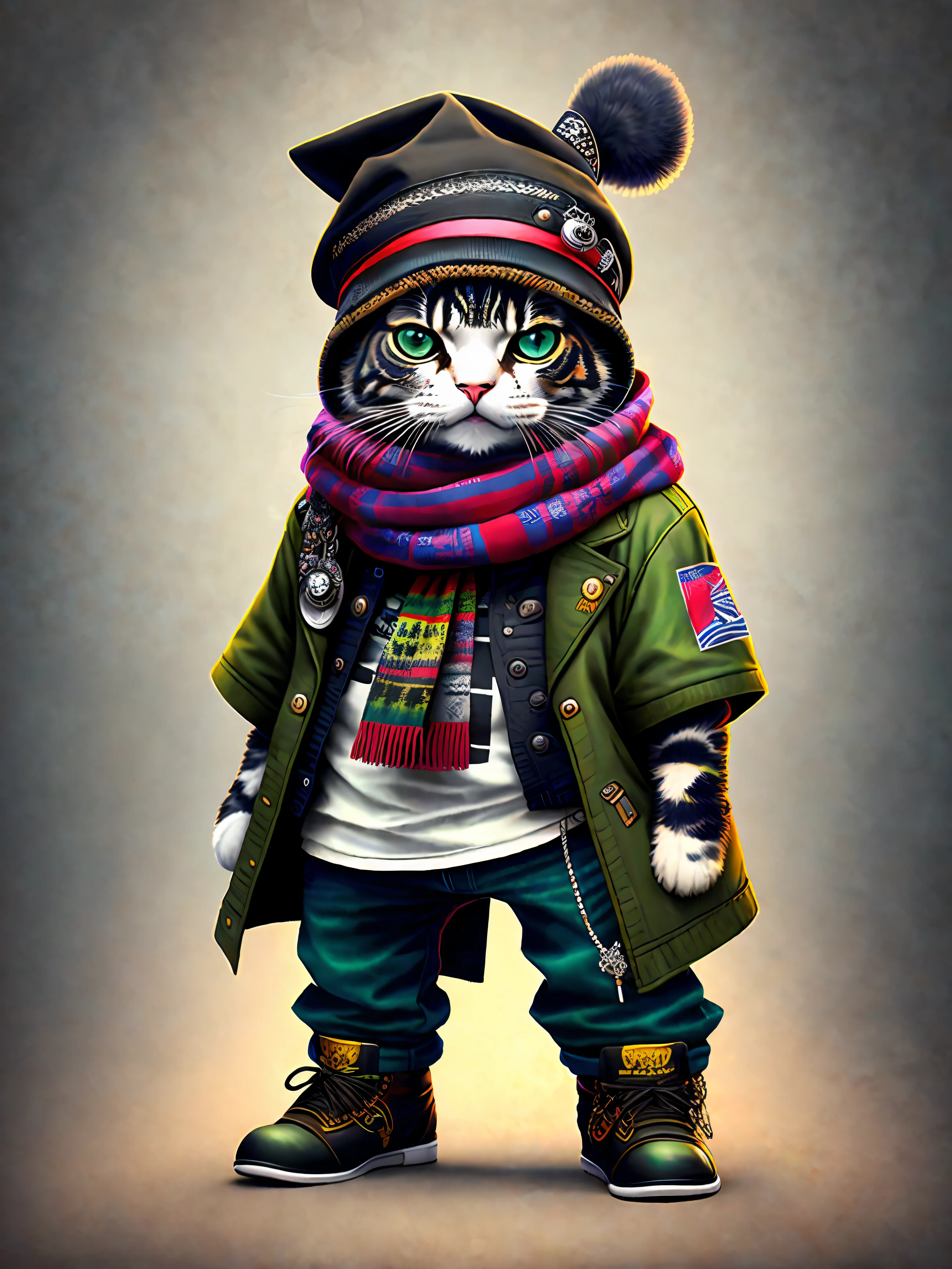 Image of a turtle in hat and scarf, trend of the art station, dressed in punk clothes, detailed rendering hyper realistic, British gang member, urban style, intimidating pose, planet of cats, fashion clothes, urban samurai, meow, West Slavic traits, 8 1 5