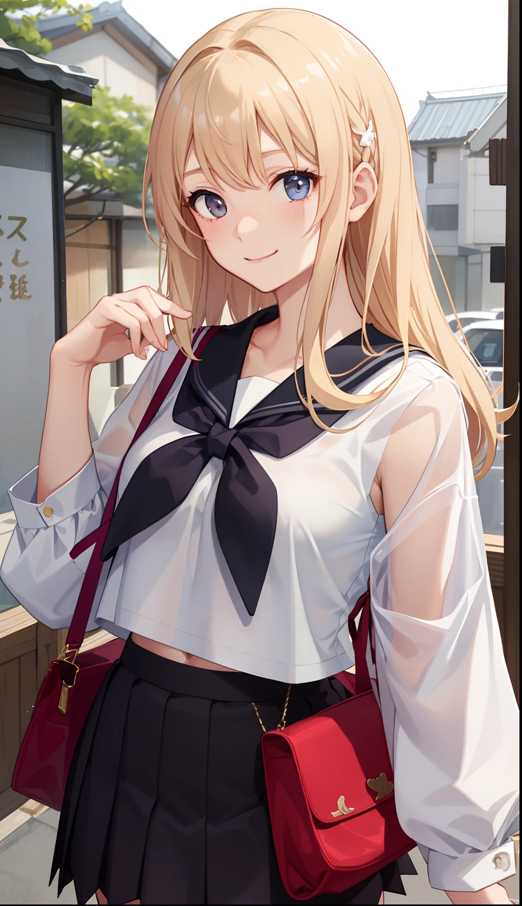 1girl in、A smile、The shirt、skirt by the、（small tits）Chilarism、Japan High School Student Uniform、serafuku、summer clothing、Run briskly、（Sheer Bra）、Upper body portrait、blonde  hair、run!!Spring breeze and、