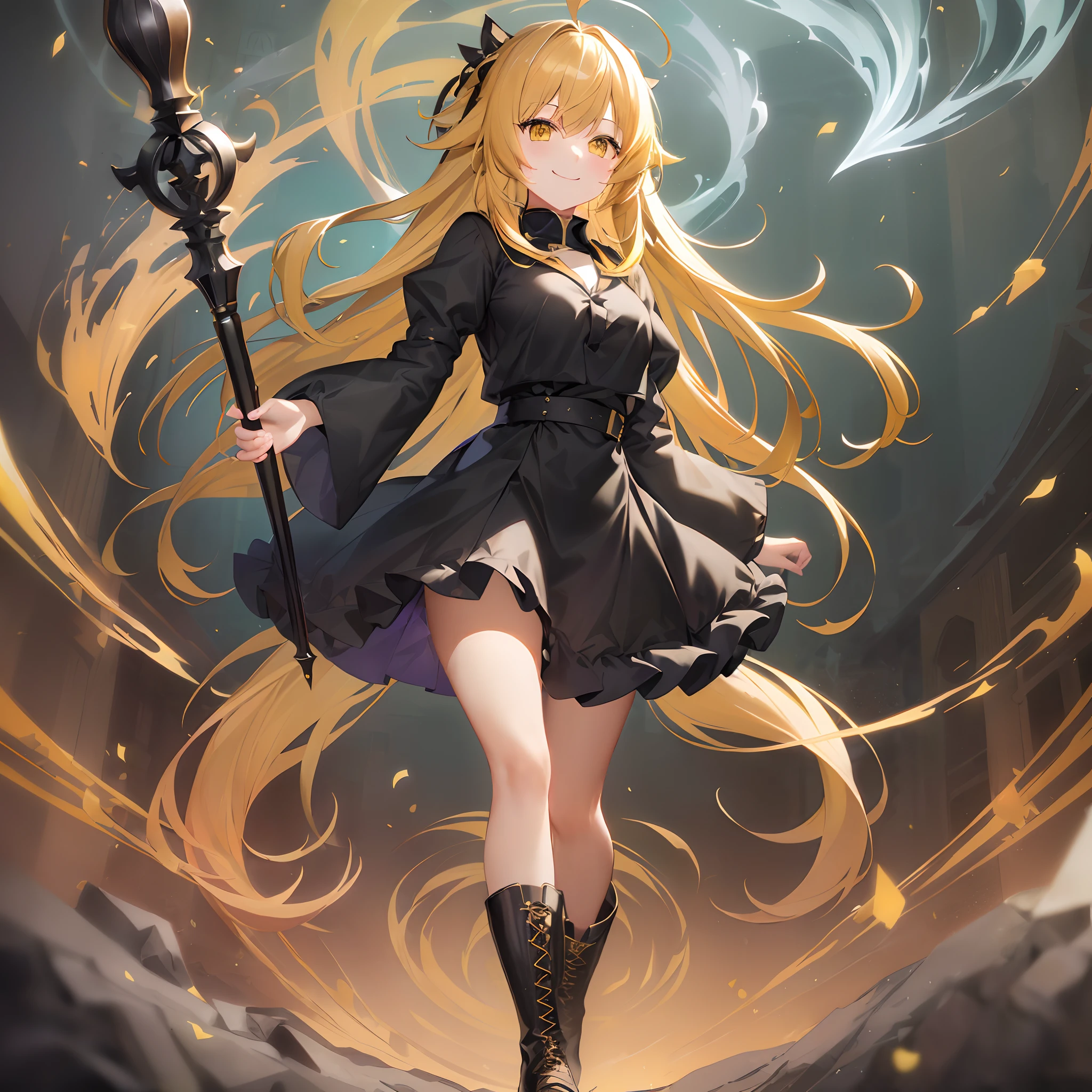 Ahoge、yellow hair、yellow eyes、a serene smile