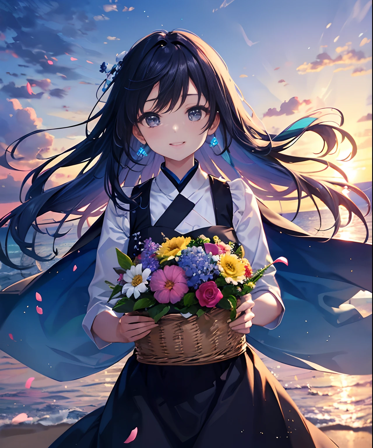 (((masterpiece)))、(((top-quality)))、((ultra-detailliert))、mare、Beach、、dynamic ungle、A smile、floating、Blue-haired、(Detailed light) (1girl in)、、Put flowers in baskets、独奏、The long-haired、The wind is blowing、