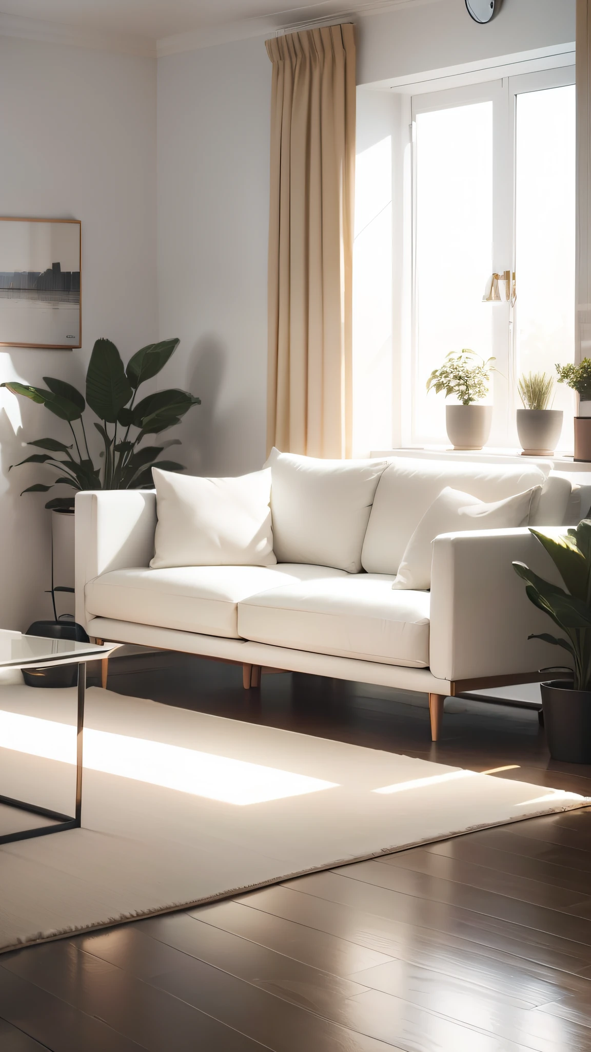 masterpiece, Interior design,livingroom,European minimalist style,Minimalist,nordic, Light-colored furniture,white sofa, cream colored sofas, Multi-angle display,a 3D render、cozy indoor lighting、8K,terrazzo,janelas,Simple wall lamp, Concise wind, broad, 4k render, high detail, carpet, area rug, house plants, ultra sharp, high quality