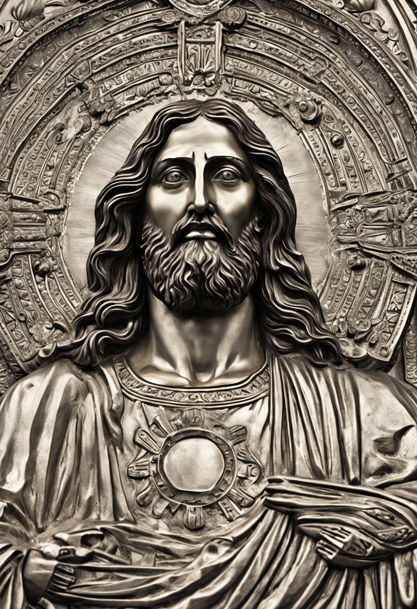 a close up of a full length jesus statue with a cross on his chest, cyberpunk jesus christ, steampunk jesus, alex gray art, jesus christ, alex gray and gustave dore, alex gray style, black jesus, alex gray style, tron legacy jesus christ, by alex grey, detailed deity, jesus christ in mass effect, alex gray and beksinski, high image quality, detailed.