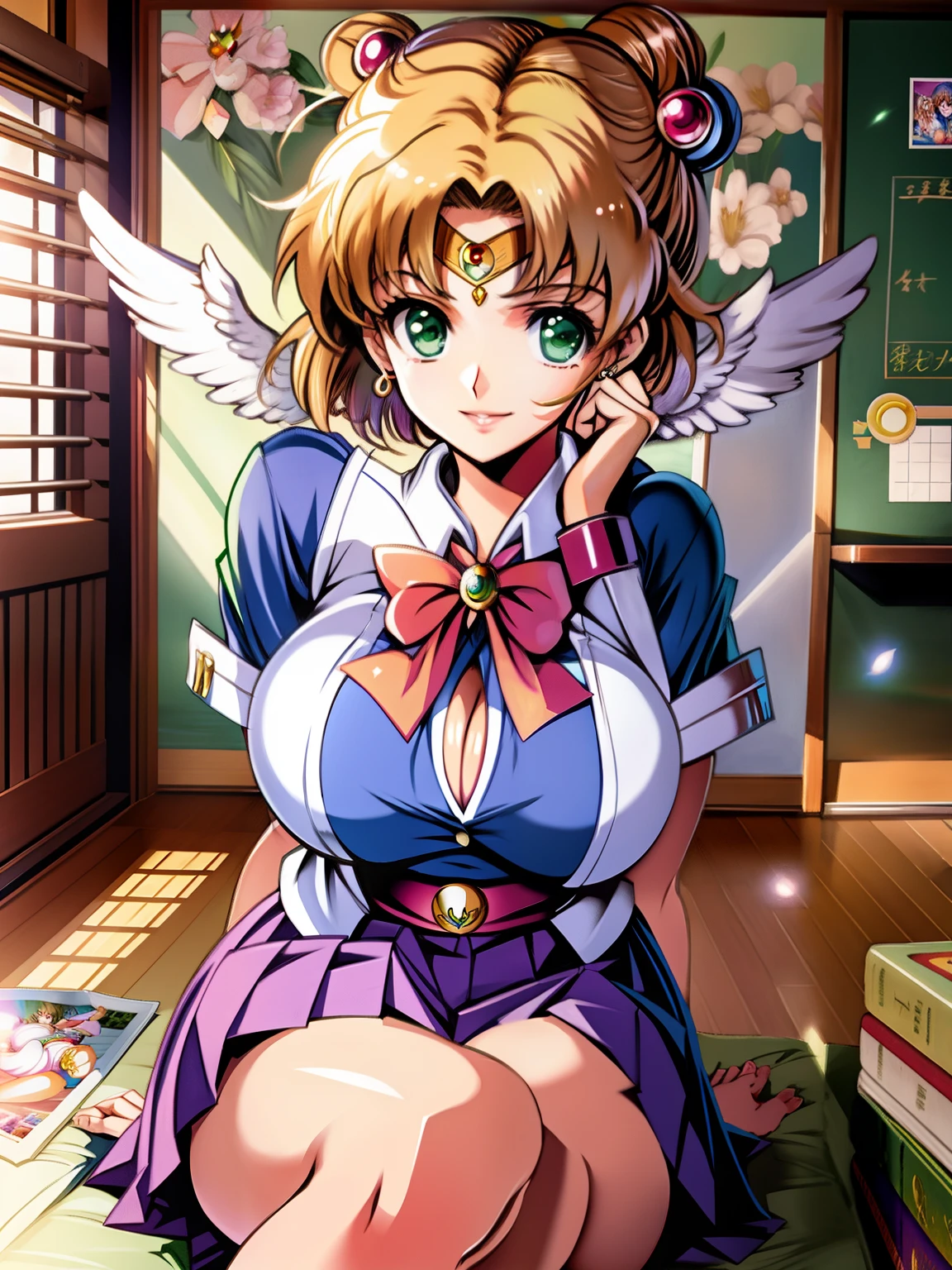 Sailor moon. Realistic art. Big boobs. Legs spread. Brown short hair. Green eyes. White School uniform. Open shirt. Magical girl. Panties.
