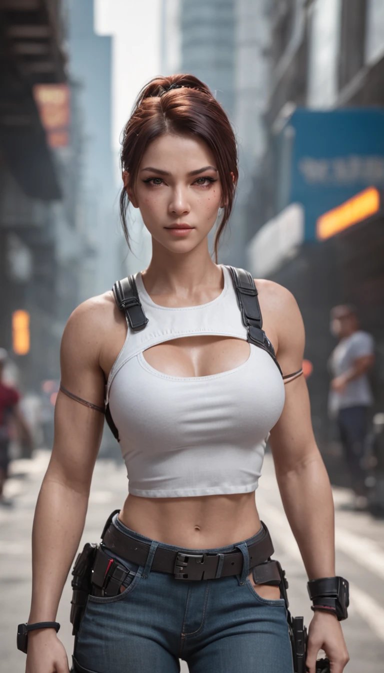 arafed woman in a white top and jeans walking in a city, crop shirt and strong abs, fit girl, ripped, muscular! cyberpunk, muscular girl, fitness model, tifa lockhart, wojtek fus, cyberpunk 2 0 y. o model girl, tifa, feminine and muscular, cyberpunk judy alvarez, attractive body, muscular sweat lara croft, with abs, with detail eyes