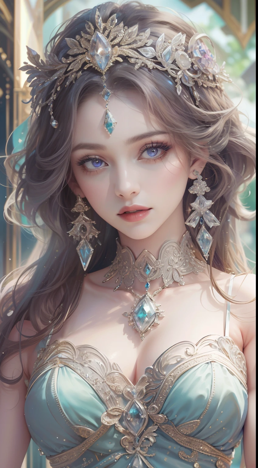 tmasterpiece, Highest high resolution,High-quality content, 8K quality photos with excellent detail, Perfect for a dynamic bust of 1 noble girl, Do not appear on the hands,Delicate curves, Bend hair to create gorgeous and intricate fabric textures, Plain purple eyes, Delicate floral decoration, Sparkling crystal jewelry, Highly focused and subtle details。