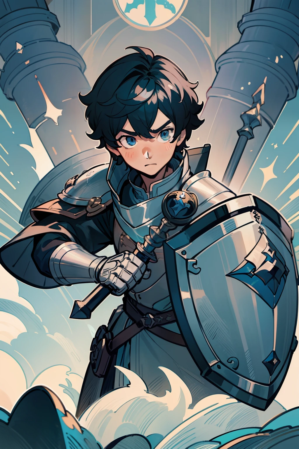 Anime - Masterpiece - Quality - 8k - Extremely detailed - Ultra HD - Male character - Genshin Impact style - Black hair - Medieval mace - the order grande shield granblue fantasy - Inspiration - Naofumi Iwatani - The Rising of the Shield Hero - Creation - Cleric - Human - Steel armor - Illustration - Paper - Pale gray-blue tone - White clothing - Exceptional detail - Ultra-detailed face - Capture detail Exceptional. the order big shield granblue fantasy