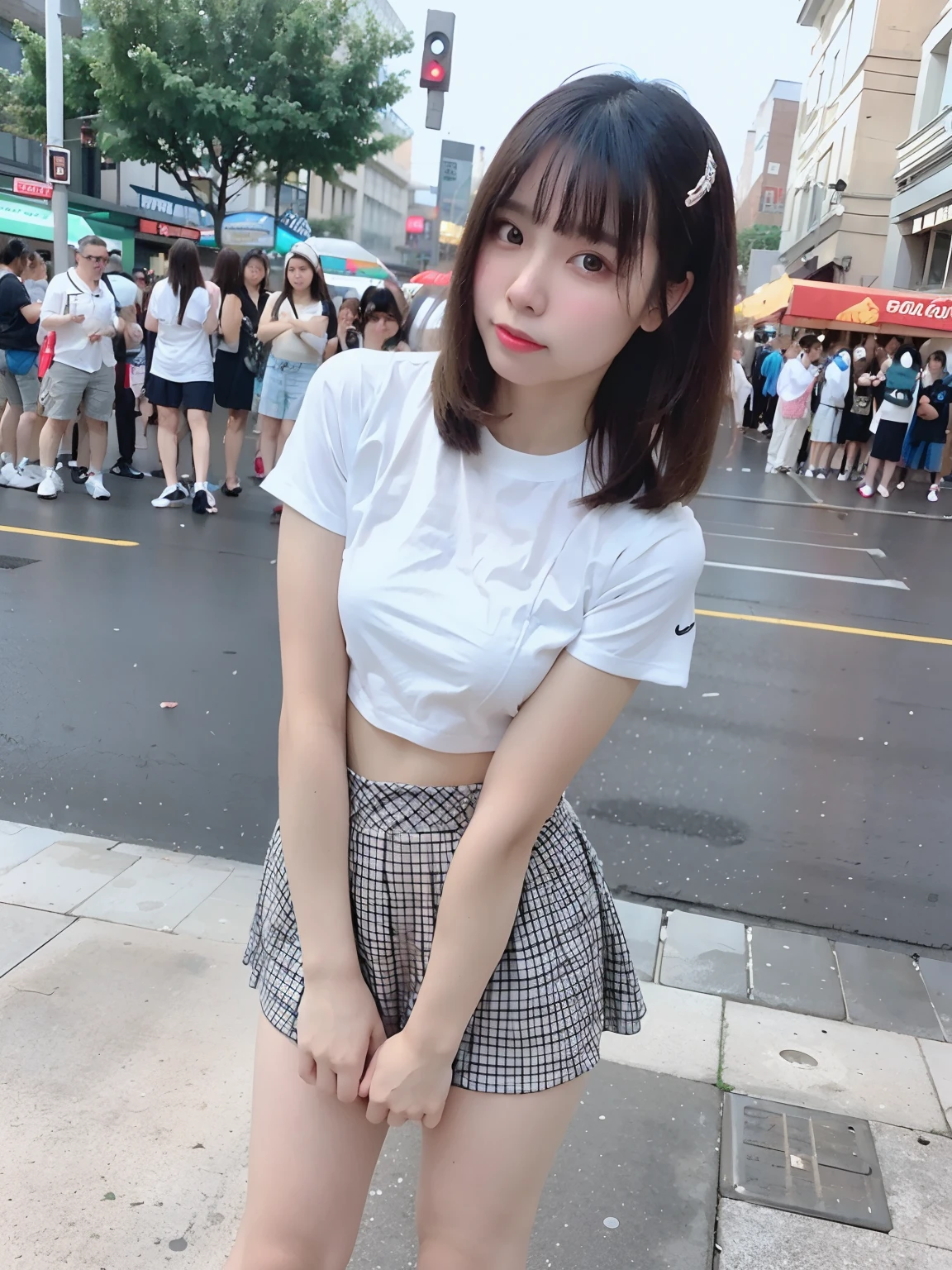 "Gorgeous girl in a croptop at a crowded street." masterpiece, spread legs, standing, angle from below, miniskirt, ((random background)), high heels, low angle