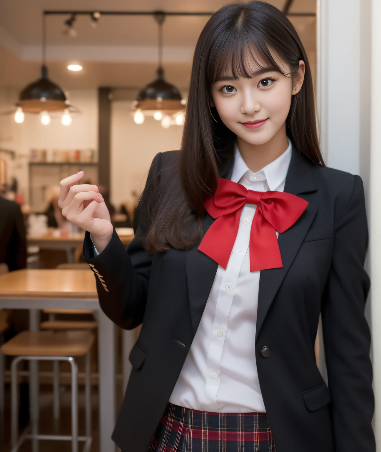 ((Best Quality, 8K, Masterpiece: 1.3)), a beauti, In addition, melon face, Friendly and cute, sweet smile, Pure desire, Slender body, (s whole body), (tilted head), ((looking at camera)), Medium Black Silky Straight Hair, Long flowing shoulders, round black big eyes, clear big eyes, moist red lips, Cafe shop background, ((full body shooting)), (Peru Blazer, bows, Sock, High School Uniform: 1.2, ), (Middle breast)