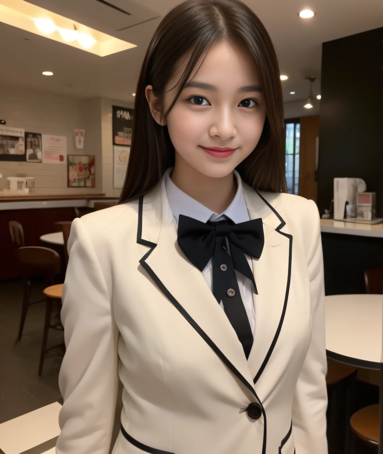 ((Best Quality, 8K, Masterpiece: 1.3)), a beauti, In addition, melon face, Friendly and cute, sweet smile, Pure desire, Slender body, (s whole body), (tilted head), ((looking at camera)), Medium Black Silky Straight Hair, Long flowing shoulders, round black big eyes, clear big eyes, moist red lips, Cafe shop background, ((full body shooting)), (Peru Blazer, bows, Sock, High School Uniform: 1.2, ), (Middle breast)
