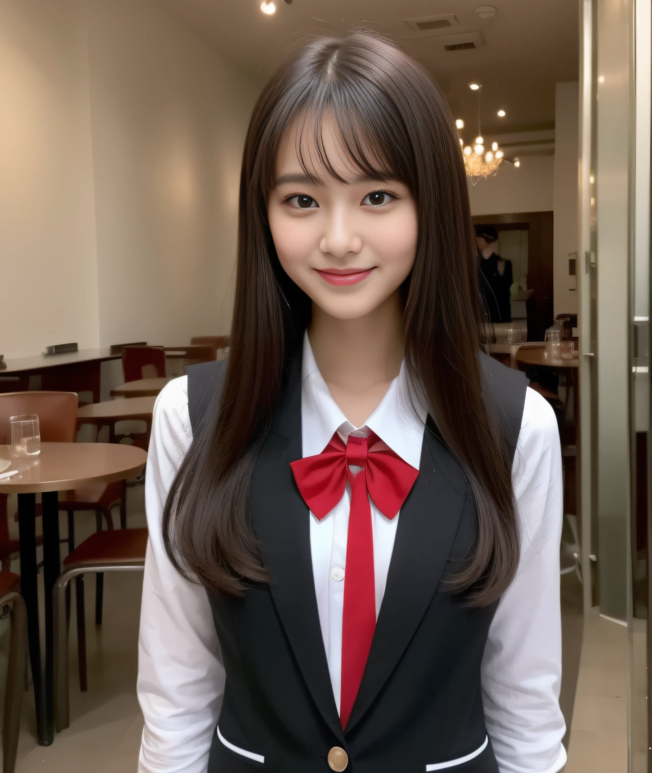 ((Best Quality, 8K, Masterpiece: 1.3)), a beauti, In addition, melon face, Friendly and cute, sweet smile, Pure desire, Slender body, (s whole body), (tilted head), ((looking at camera)), Medium Black Silky Straight Hair, Long flowing shoulders, round black big eyes, clear big eyes, moist red lips, Cafe shop background, ((full body shooting)), (Peru Blazer, bows, Sock, High School Uniform: 1.2, ), (Middle breast)