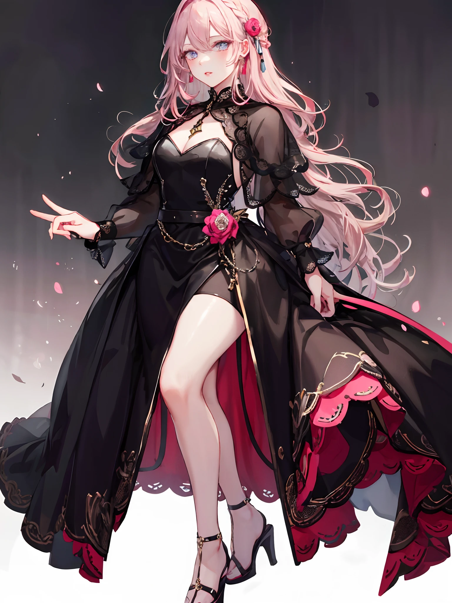 1 noblewoman,a matural female,Black dress long dress,Black stockings beautiful legs,heeled sandals,Pink White Long Hair, Perfect body, s the perfect face, perfect hand, Perfect Finger, Perfect lips, perfect eyes, Perfect background