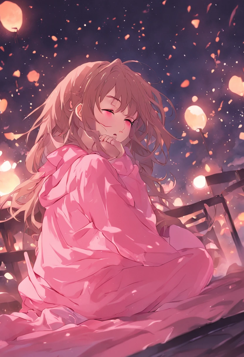 Sleeping girl, 22 years old, realistic, she is wearing long pants, she is wearing pink pajama, brown hair.