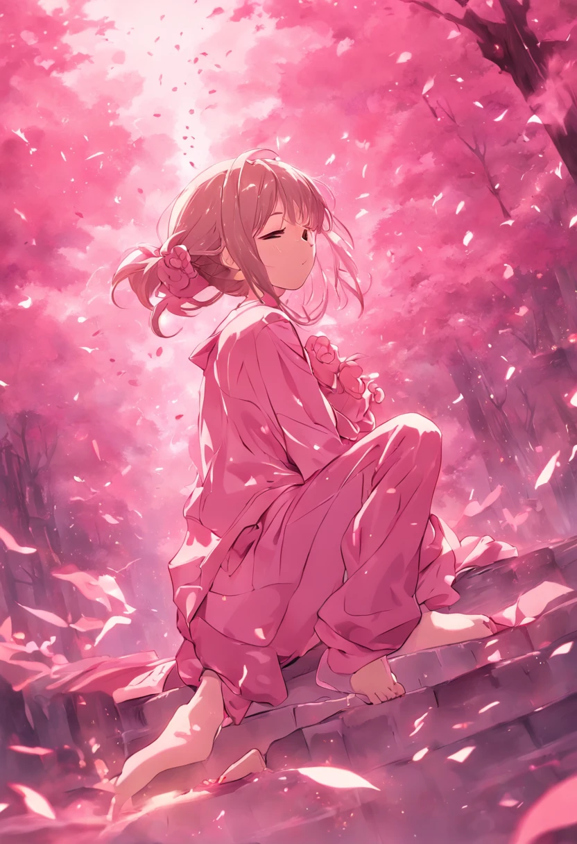 Sleeping girl, 22 years old, realistic, she is wearing long pants, she is wearing pink pajama, brown hair.