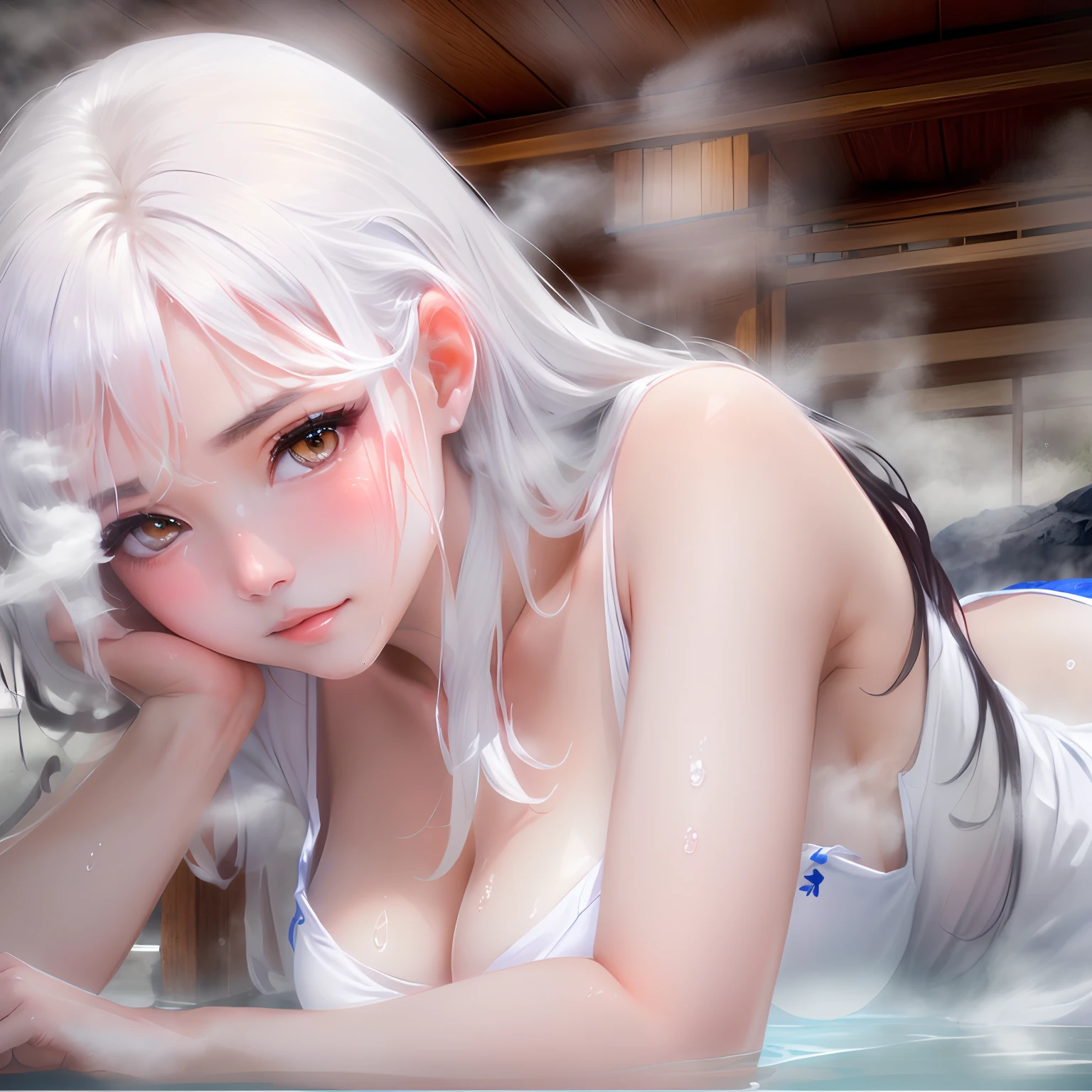 The hot springs are steaming hot，Wearing a white yukata，Slender posture，Angelic face，Charming eyes。After soaking, real water flows from beneath the hot spring，A white mist blocks the chest，Seduction looked at the audience，Be red in the face，hands out，a mature female。