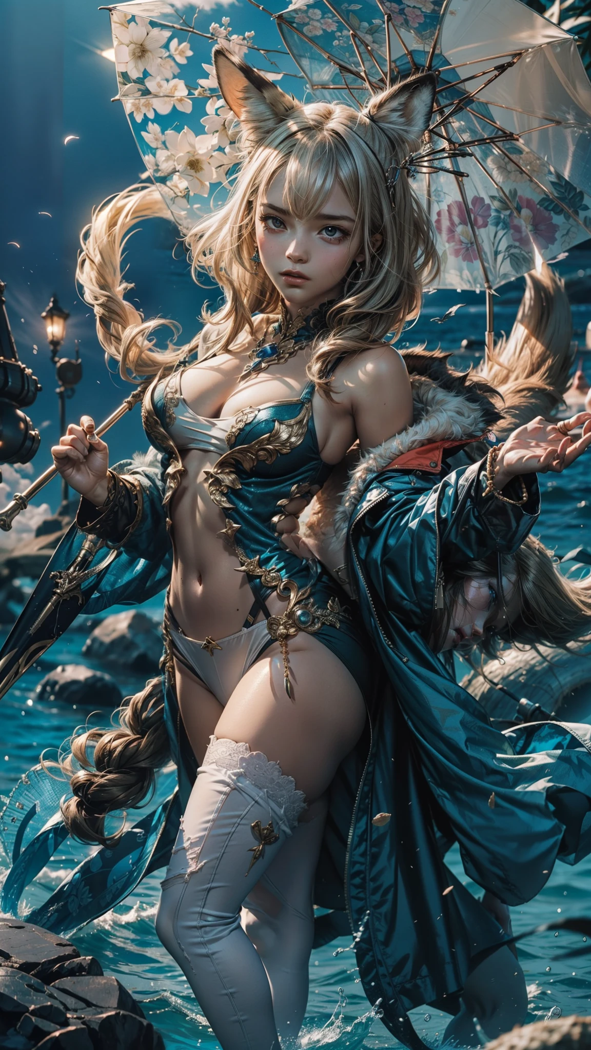 (maximum resolution: 1.2), (Ultra HDTV: 1.2), 8K resolution, Eye and skin detail, detailed facial features, , ( Sharp focus: 1.2), (Focus focus) facial expression: 1.2), Girl standing, On the sand, Swimsuit, Arms spread, (long hair), Green hair, Beach view, Some coconut trees, Fox ears, (hand holding umbrella)