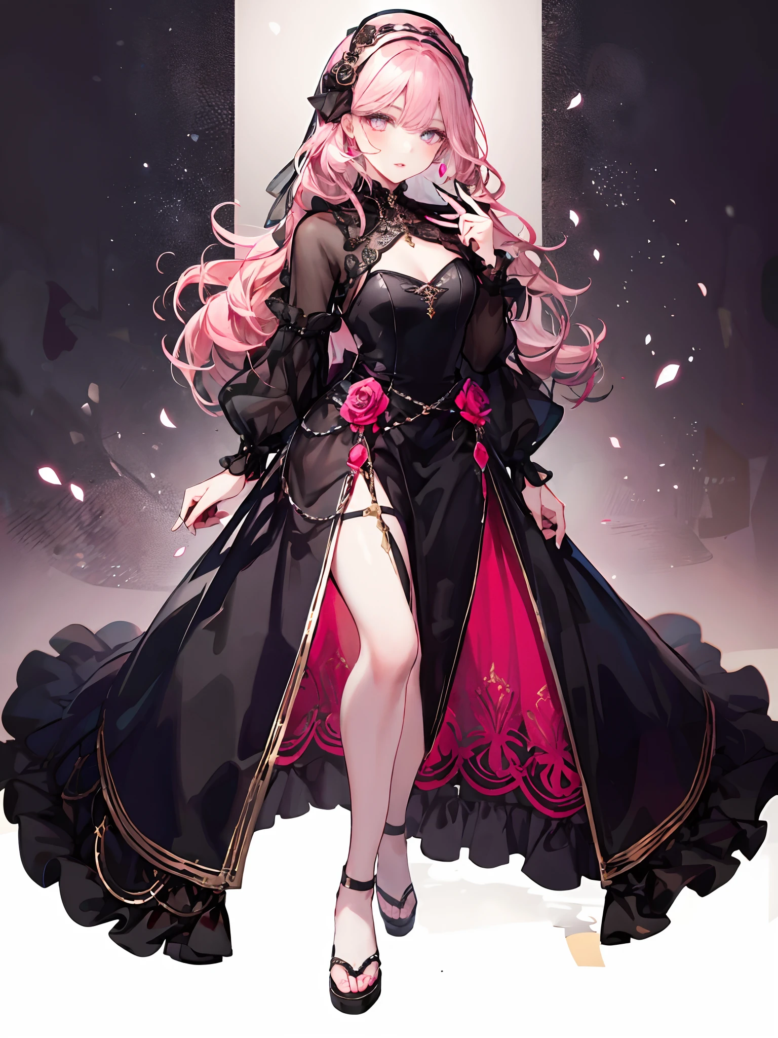 (Complete head：1.9)，meticulous portrayal of face，1 noblewoman，a matural female，Black dress long dress，(Black stockings beautiful legs+)，heeled sandals，Black stocking feet，Pink White Long Hair，Prom background， Perfect body， s the perfect face， perfect hand， Perfect Finger， Perfect lips， perfect  eyes， Perfect background