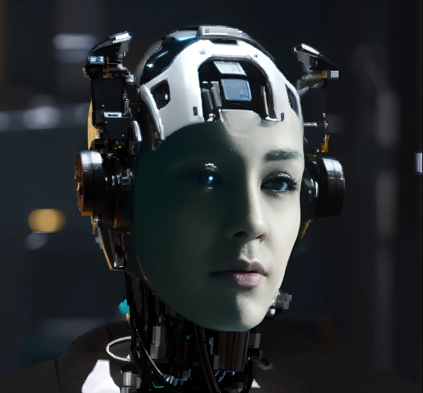 There is a robot wearing headphones and a helmet, Cybernetic machine female face, Portrait of a young and beautiful female humanoid, robot with human face, integrated synthetic android, attractive sci - fi face, humanoid portrait, robotic head, Robot Face, Portrait of a futuristic robot, Portrait of a female android, Cyborg - Girl, inspired by Ai-Mitsu