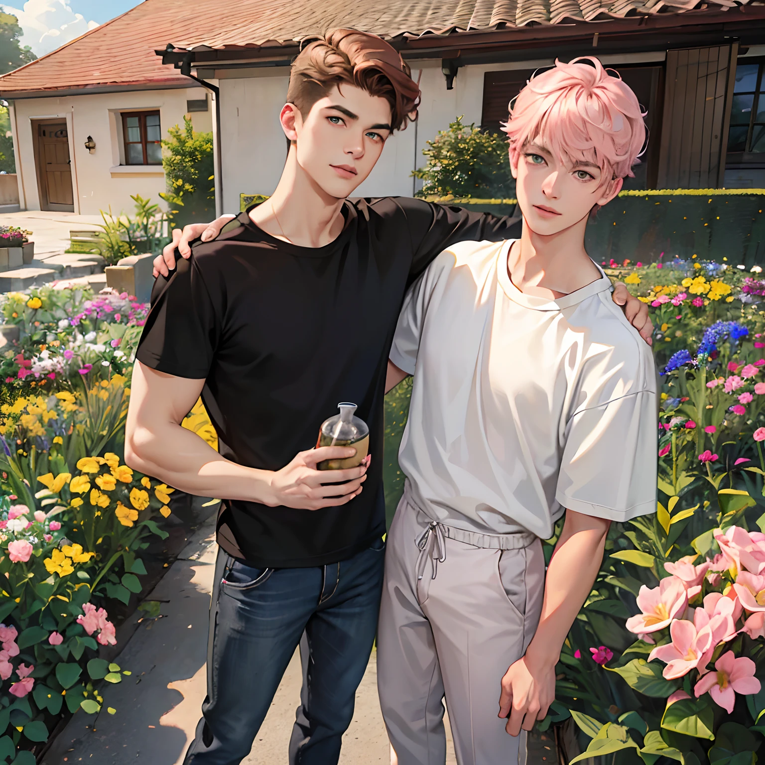 (absurdres, highres, ultra detailed, HDR), masterpiece, best quality, anime boy with brown hair ((Tall boy)), 1st boy brown hair, Anime boy with light pink hair! ((Tall boy)) , 2nd Boy pink hair, green eyes, 3rd boy blond hair ((Tall boy)) , 3 boys, smile, sunshine, garden, handsome, short hair, villa, looking at viewer, detailed face, ( black shirt ),(Yellow Shirt) cool boys, cold male, 8K, Best Quality, Masterpiece, Ultra High Resolution, (Realism: 1.4), Original Photo, (Realistic Skin Texture: 1.3), (Film Grain: 1.3), (Selfie Angle), best friend,Friendship, Trio friends, tall boys, slim masculine.