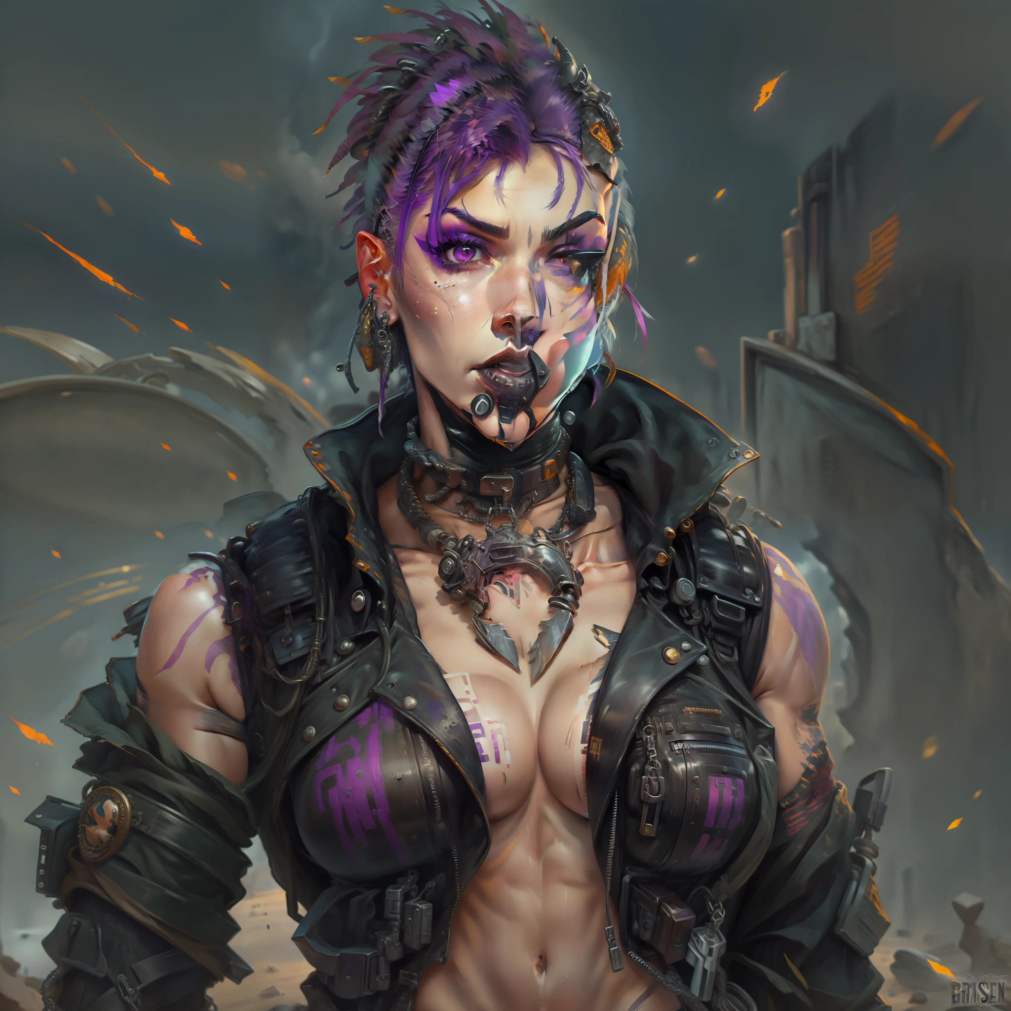 female with short shaved purple hair, villain, wearing casual desert punk clothing, has lower lip stud piercings, muscular, abs visible, wearing metal collar, has muscled, wearing black lipstick, amazonian, has large muscles