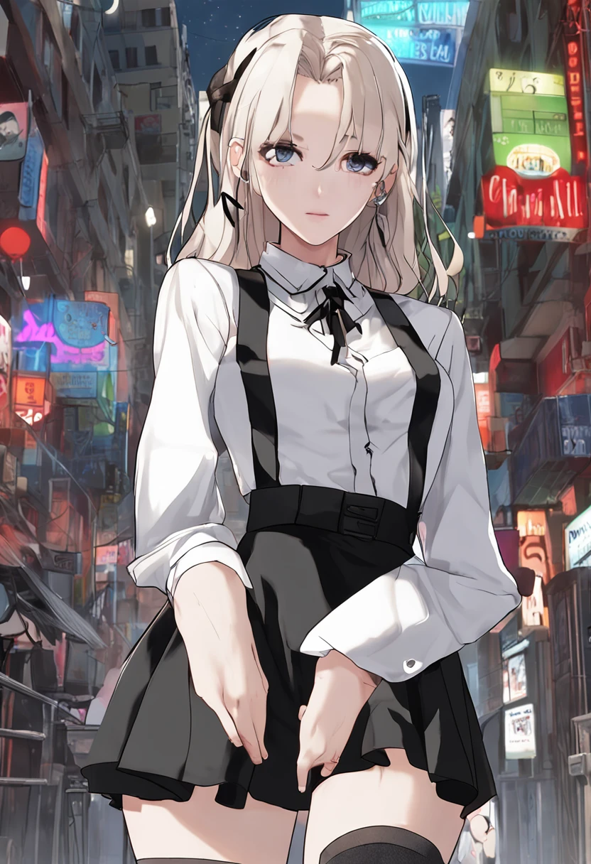 best quality, ultra high res, 1girl, sleeveless white button shirt, black skirt, black choker, cute, (Kpop idol), (aegyo sal:1), (platinum blonde hair:1), ((puffy eyes)), looking at viewer, full body, facing front