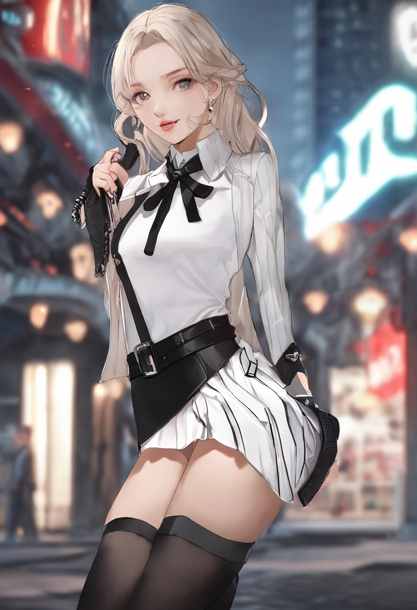 best quality, ultra high res, 1girl, sleeveless white button shirt, black skirt, black choker, cute, (Kpop idol), (aegyo sal:1), (platinum blonde hair:1), ((puffy eyes)), looking at viewer, full body, facing front