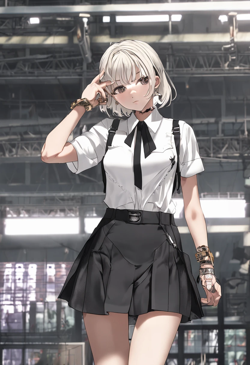 best quality, ultra high res, 1girl, sleeveless white button shirt, black skirt, black choker, cute, (Kpop idol), (aegyo sal:1), (platinum blonde hair:1), ((puffy eyes)), looking at viewer, full body, facing front