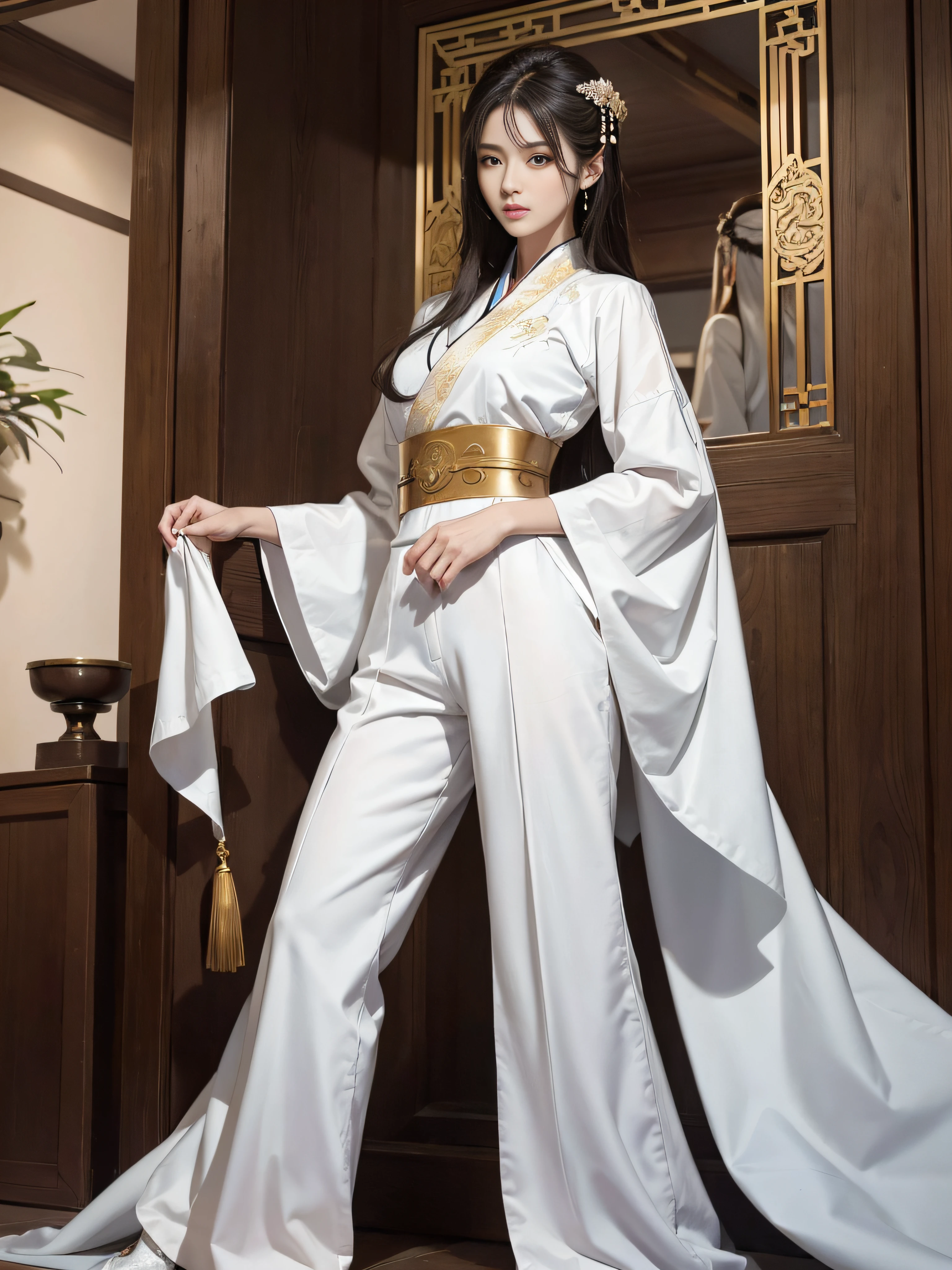 tmasterpiece,A high resolution,Absolutely beautiful,a mature female,Fine and detailed eyes and face,Royal sister martial arts,Oriental women,gallant woman,Cold sass,Tall and tall,cruel grin,Antique Hanfu,Plain white clothing all over,long trousers,Boots,Embroidered with crane motif on chest,Stand in a natural position,Tall(1.4),Wide buttock(1.4),Thick thighs(1.4),Majesty,Rich scene detail,Standing posture